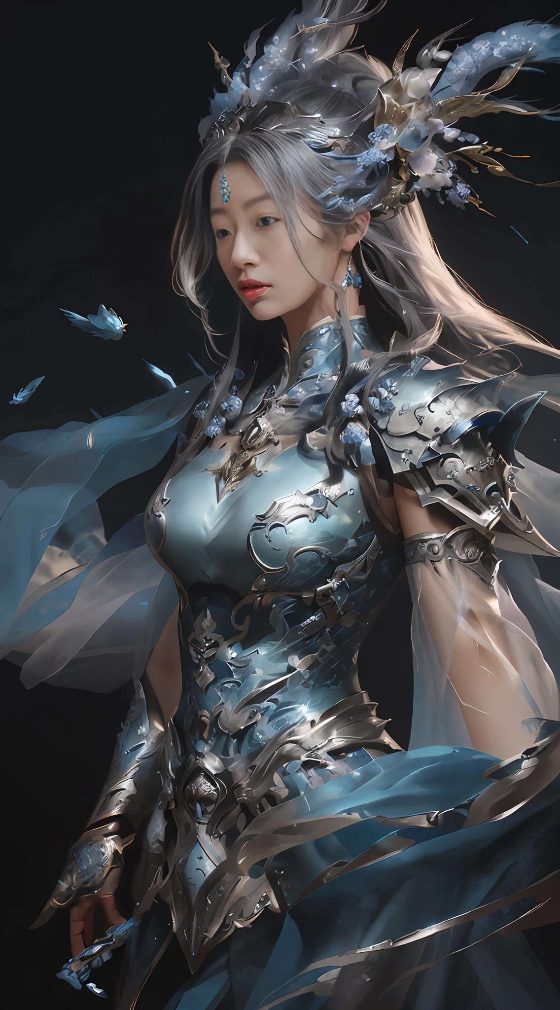 a close up of a woman in a silver and blue dress, chengwei pan on artstation, by Yang J, detailed fantasy art, stunning character art, fanart best artstation, epic exquisite character art, beautiful armor, extremely detailed artgerm, detailed digital anime art, artgerm on artstation pixiv, armor girl
