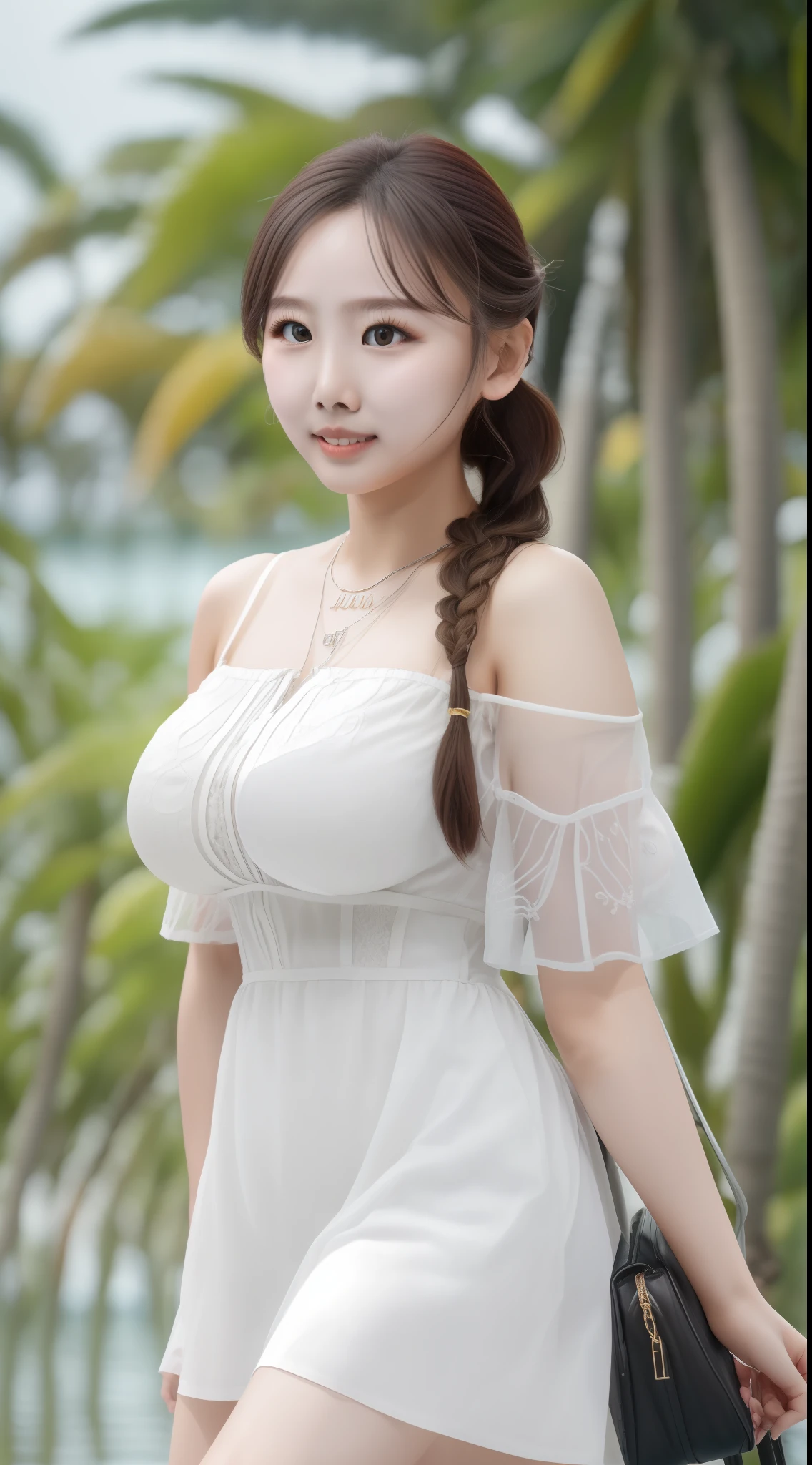 A beautiful older sister，slightly fat big breasts，plumw，long hair braid，Delicate facial features，White color blouse，cropped shoulders，Black short bag dress，long leges，thick leg，Wide lake，grassy fields，Coconut tree in the back，rained，pavilion