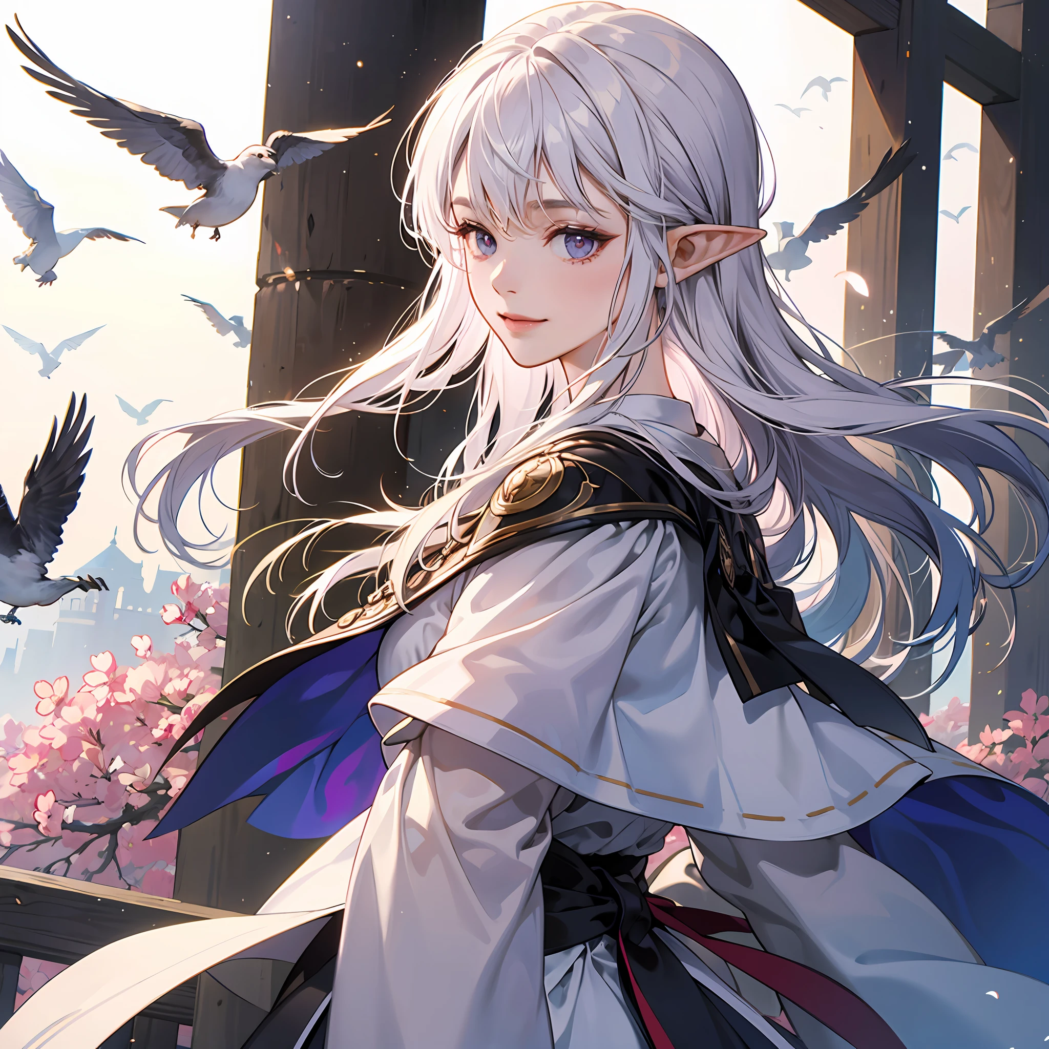 Purple eye。The upper part of the body。White rune robe。White color hair。Kizi。Castle background。tmasterpiece。Two-dimensional wind。best qualtiy。Detail 1.4。Sideslit。the elf。ssmile。Flowers。squatt。sideface。Flying birds。mistic。Comely。adolable。extreme hight detail。k hd --auto