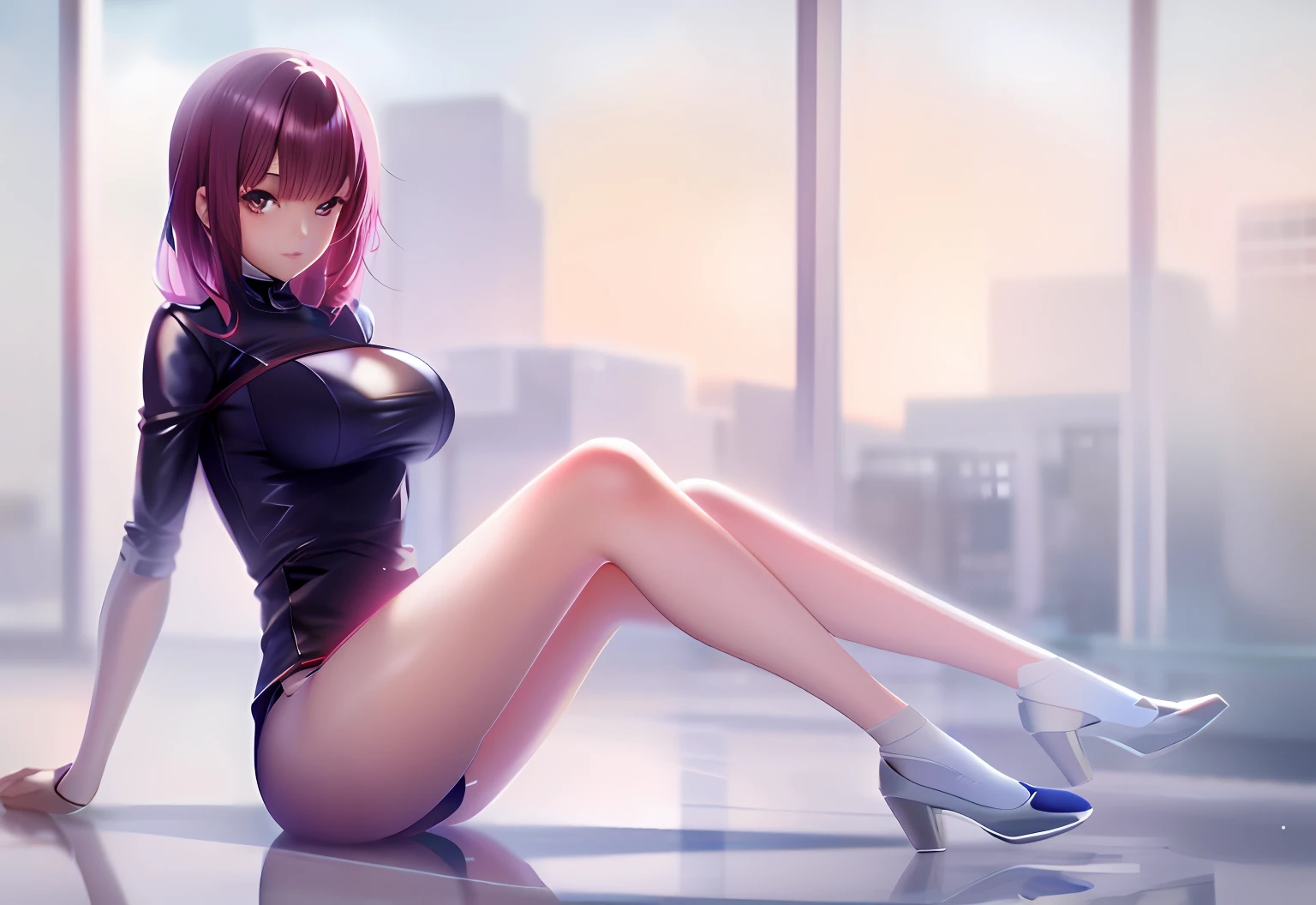 Anime Girl in white sitting on the floor，legs crossed, Smooth anime CG art, beautiful anime girl crouching, Style Artgerm, seductive anime girls, photorealistic anime girl rendering,  Extremely detailed Artgerm,