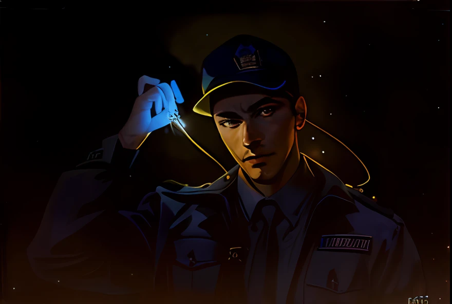(((Cara confusa)), (comic styled), um policial com uma lanterna, cena escura, outdoors at night on a plantation, milharal a noite, luz amarelas, fazenda Noturna, particles, Chuva pesada, (tempestade), Foco masculino, (cabo de fluxo longo), noite, Chuva, fundo detalhado, (arte de Frank Miller), obra-prima, (realista:1.3), perfect illumination, sombreamento perfeito, (textura realista do tecido), hiper-realista, (fotorrealista:1.5)