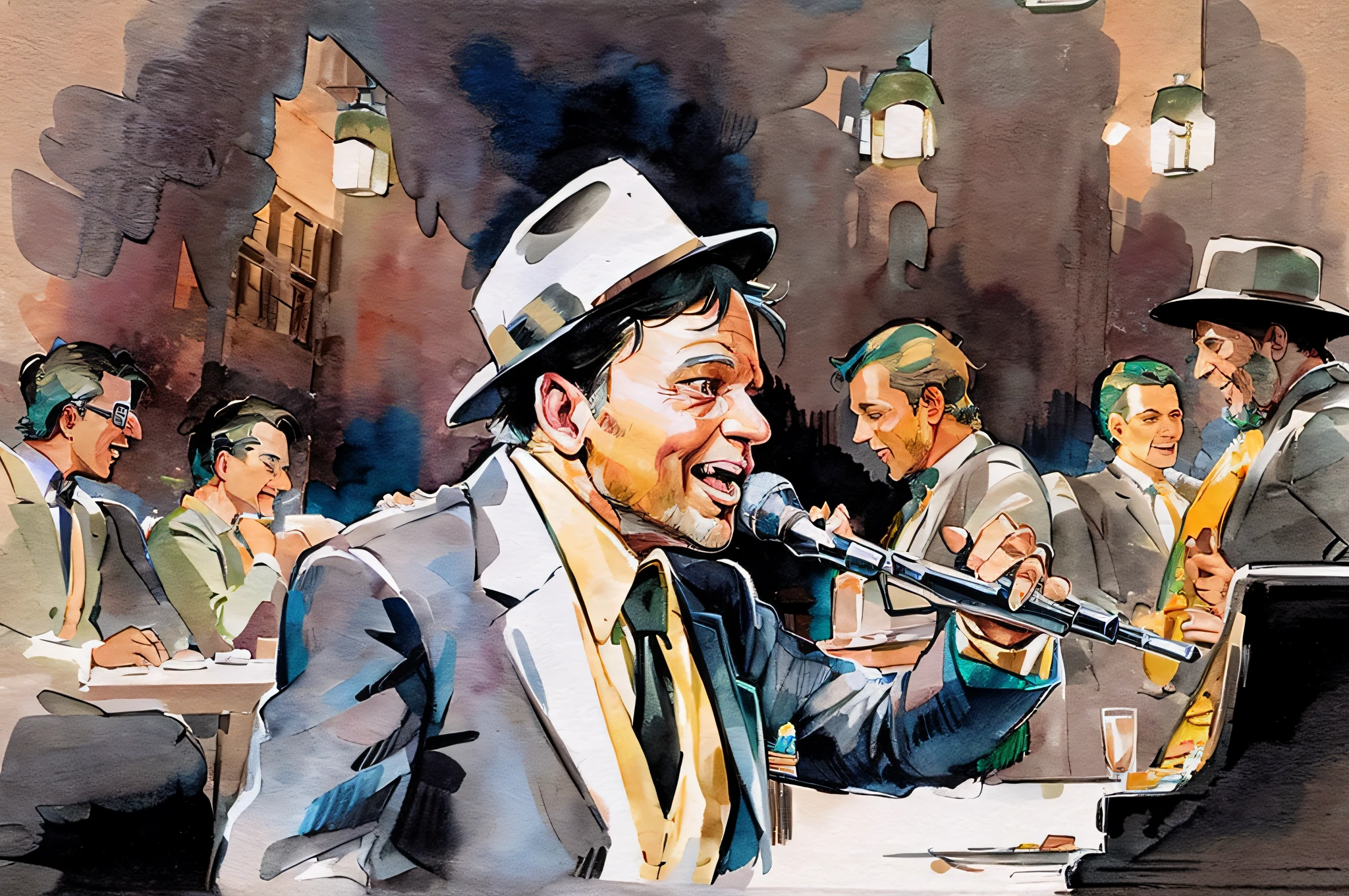 Frank Sinatra singing in jazz club NY, SCG768-illustrate, Waterbrush Stroke, watercolor,
