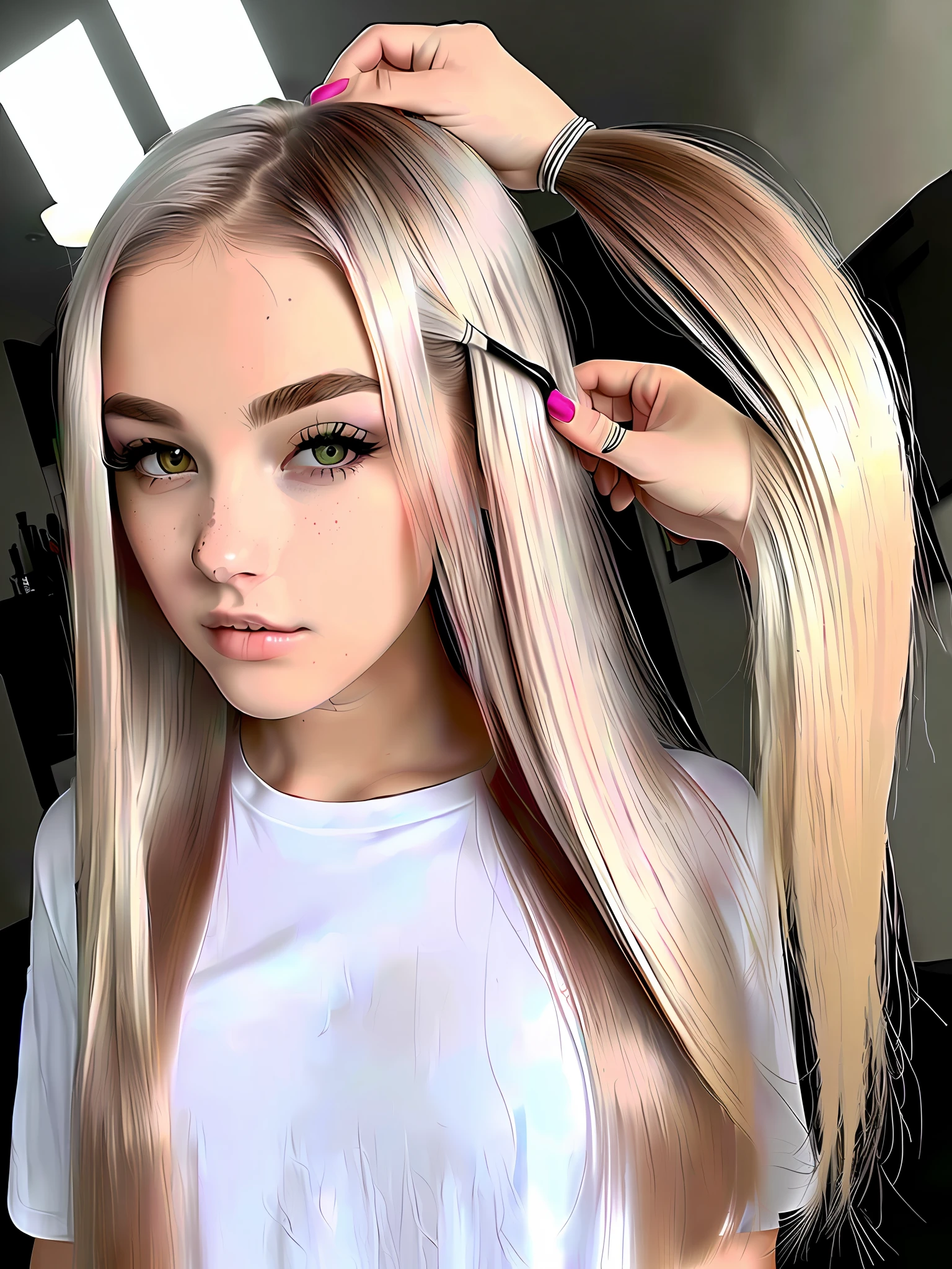 Pick dyeing，long whitr hair，man