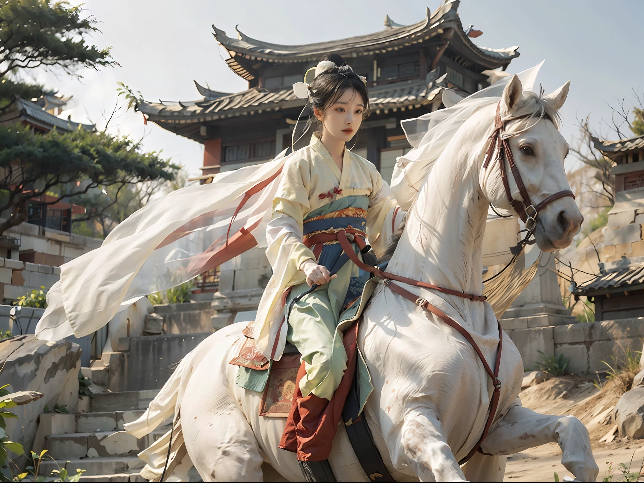 1girll， white_veil_hat，Bunched hair，hair-bun，Ancient Chinese white robe and Hanfu, Riding a tall white horse，Wielding an ancient Chinese sword，A desert，Ancient Chinese fortress background, castle wall, （strong winds：1.5），Ultra-detailed face and eyes，32K，best qualtiy，Bokeh，softlighting，Natural lighting