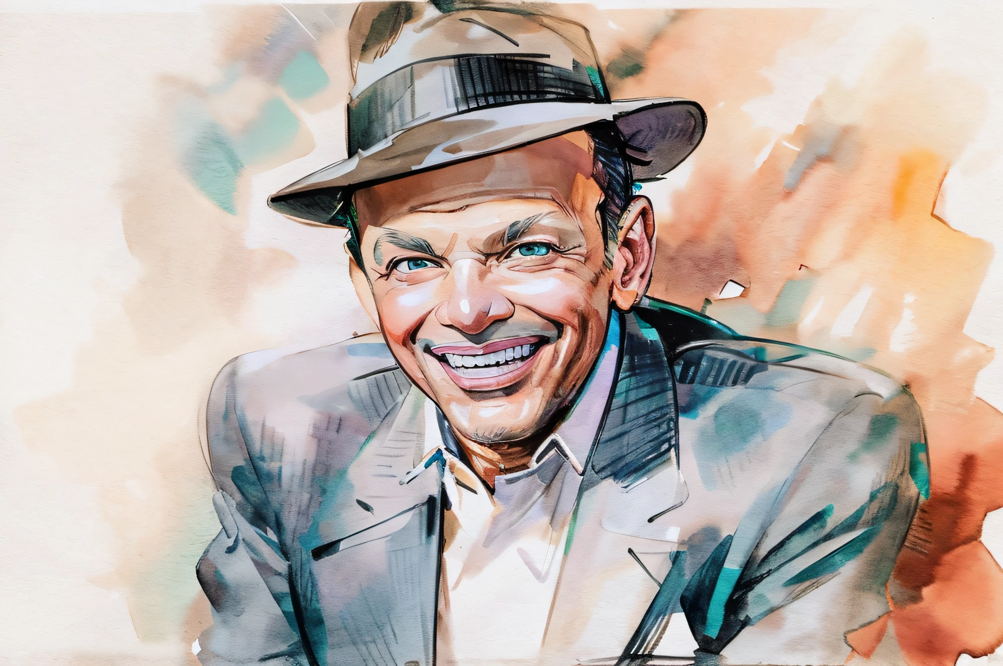 close up of Smiling Frank Sinatra, SCG768-illustrate, Waterbrush Stroke, watercolor,
