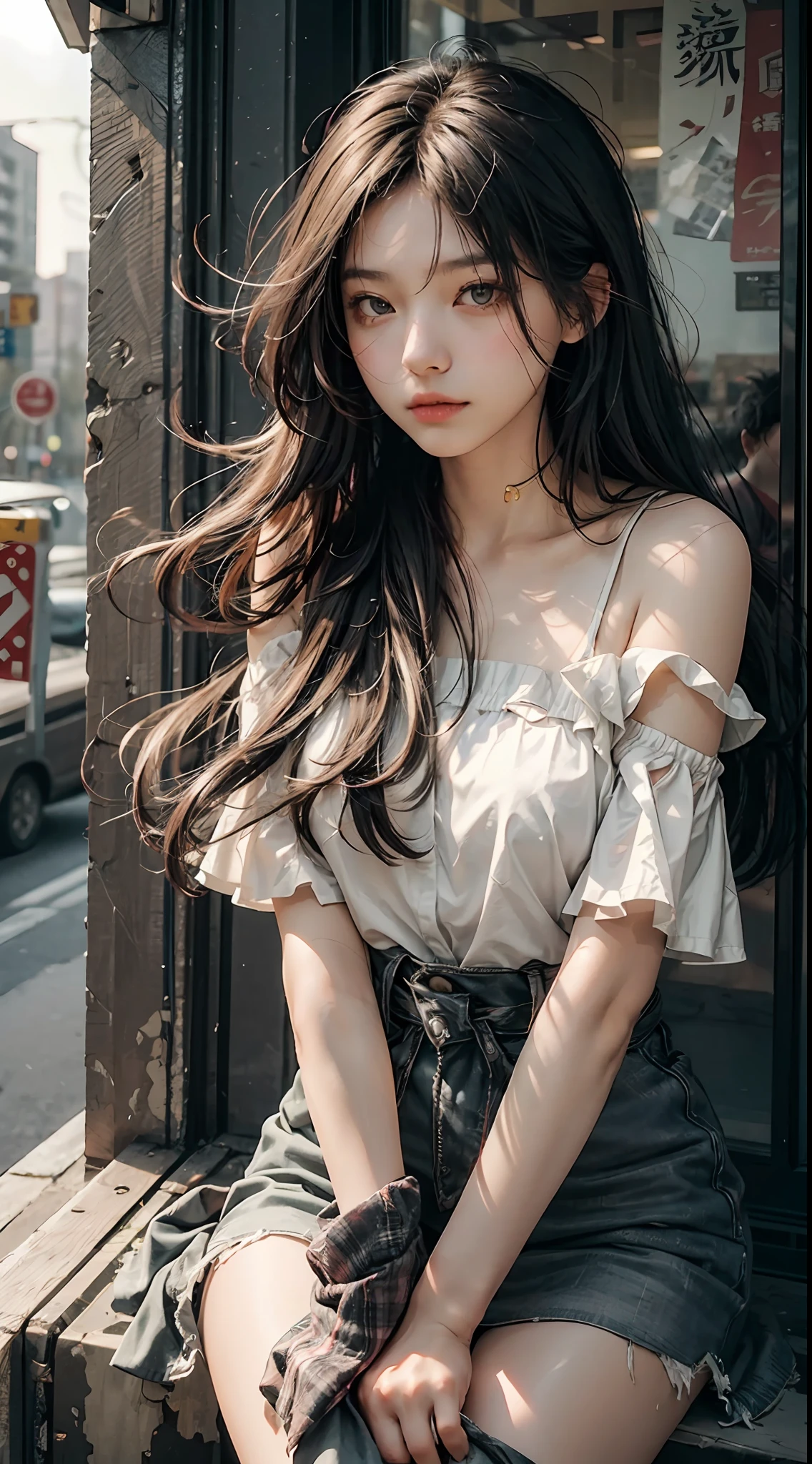 best qualtiy,tmasterpiece,超高分辨率,(fidelity:1.4),RAW photogr,1girl,cropped shoulders,cinmatic lighting,(The upper part of the body:1.5),Windswept hair(Hair is blown up by the wind),sitting on a rook