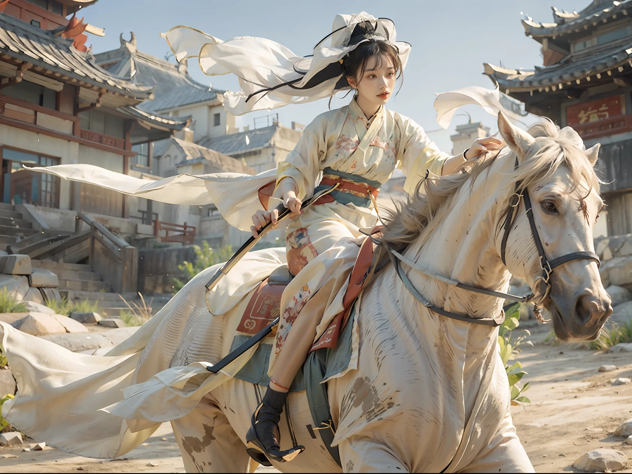 1girll， white_veil_hat，Bunched hair，hair-bun，Ancient Chinese white robe and Hanfu, Riding a tall white horse，Wielding an ancient Chinese sword，A desert，Ancient Chinese fortress background, castle wall, （strong winds：1.5），Ultra-detailed face and eyes，32K，best qualtiy，Bokeh，softlighting，Natural lighting