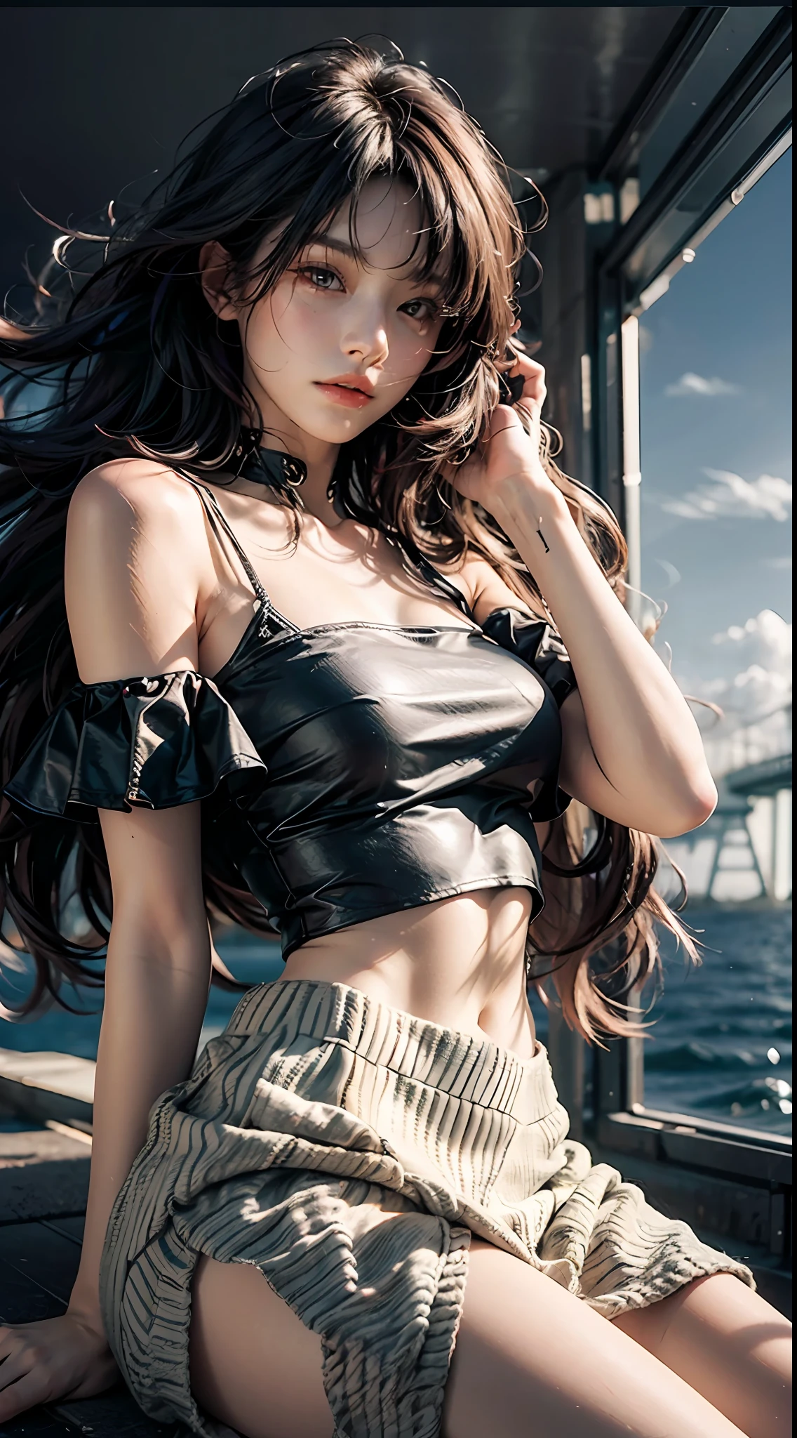 best qualtiy,tmasterpiece,超高分辨率,(fidelity:1.4),RAW photogr,1girl,cropped shoulders,cinmatic lighting,(The upper part of the body:1.5),Windswept hair(Hair is blown up by the wind),sitting on a rook