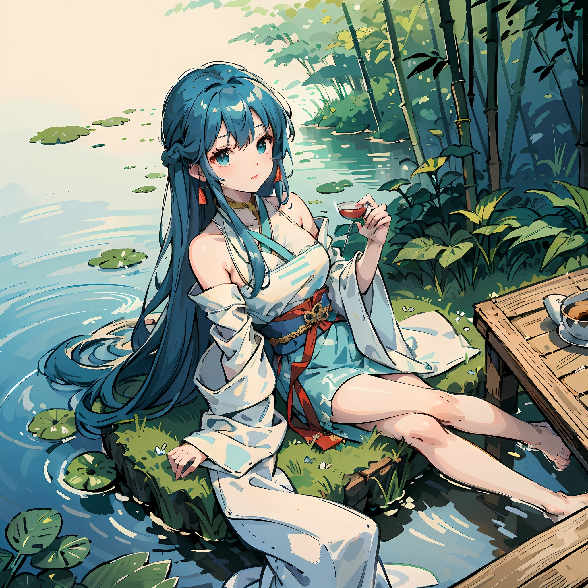 anime girl sitting on a dock with a glass of wine, style of anime4 K, Anime girl with teal hair, wallpaper anime blue water, Anime style illustration, beautiful anime art style, Beautiful anime artwork, High Quality Anime Art Style, Anime art wallpaper 8 K, anime illustration, trending on artstation pixiv, Beautiful anime art, Beautiful anime girl --auto