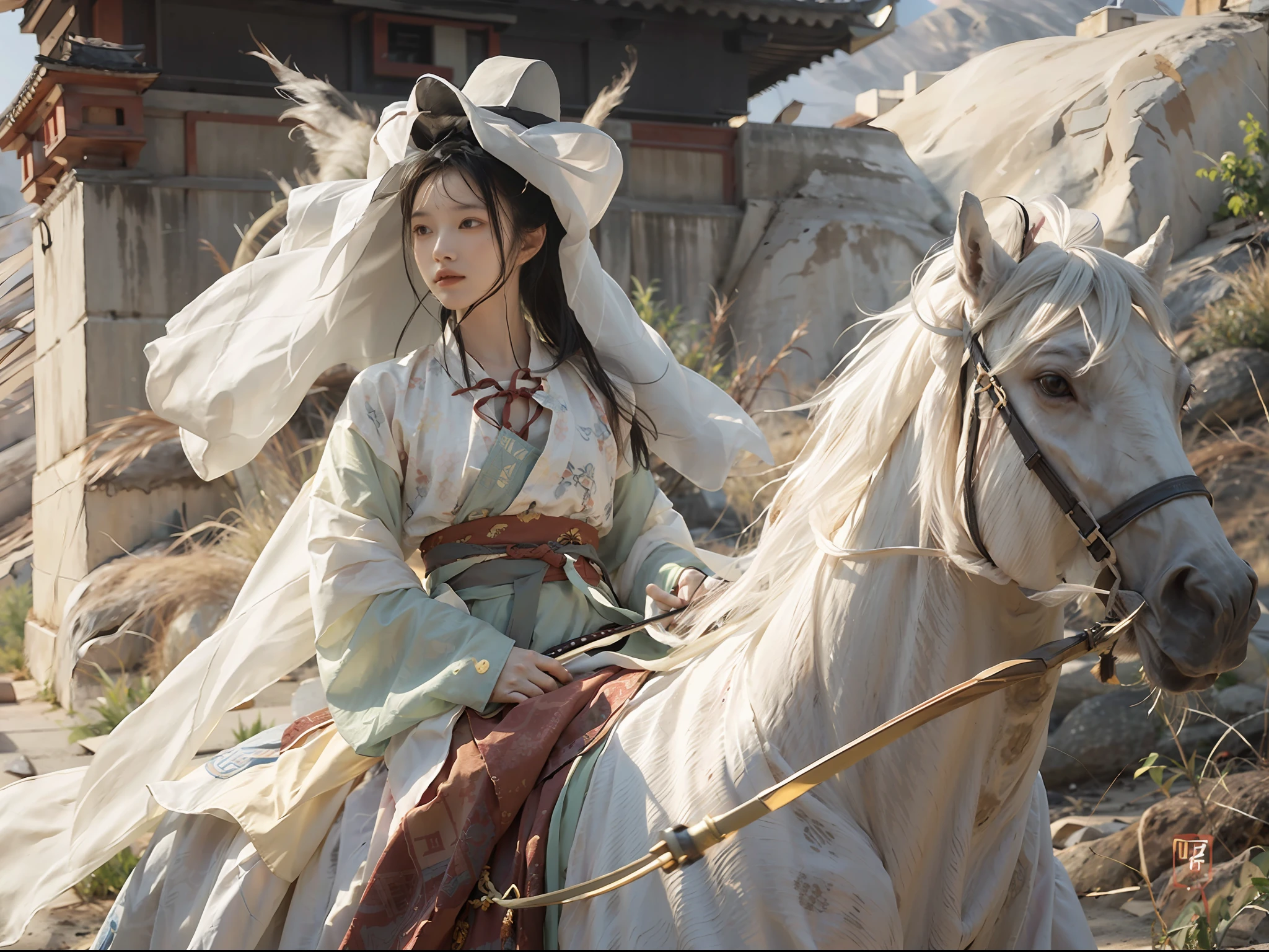 1girll， white_veil_hat，Bunched hair，hair-bun，Ancient Chinese white robe and Hanfu, Riding a tall white horse，Wielding an ancient Chinese sword，A desert，Ancient Chinese fortress background, castle wall, （strong winds：1.5），Ultra-detailed face and eyes，32K，best qualtiy，Bokeh，softlighting，Natural lighting