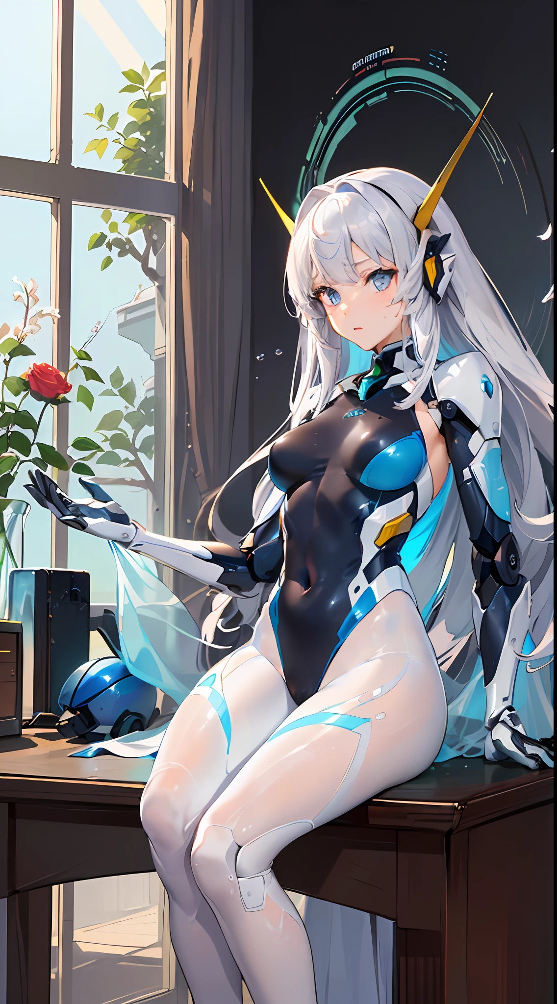 Highest image quality), (Works of masters), (Detailed eye description), (8k wallpaper), (Detailed facial depiction), Bright colors, Look at the audience, solo person,(full bodyesbian:1.1), (Sturdy stone:1.4|((Mecha body:1.1),Mecha fuselage details,Get wet,face expressionless,paleskin,blue colored eyes,((Masterpiece)),((Best quality)),(ultra - detailed),(illustration),((Extremely Delicately Beautiful)),(Dynamic Angle), 1girll, Flowers, Spring, beside the window, Rose, Detailed: face,long eyelasher,dim eyesight,tight-fitting,Raised sexy,head gear,Transparent white swimsuit,silber hair,White lace pantyhose ,did not wear panties,8K,Whole body diagram,Crouch on the desk,Spread your legs wide,Feet,Tiptoe on the table,Leaning back,Open your hands upwards,As if caught something