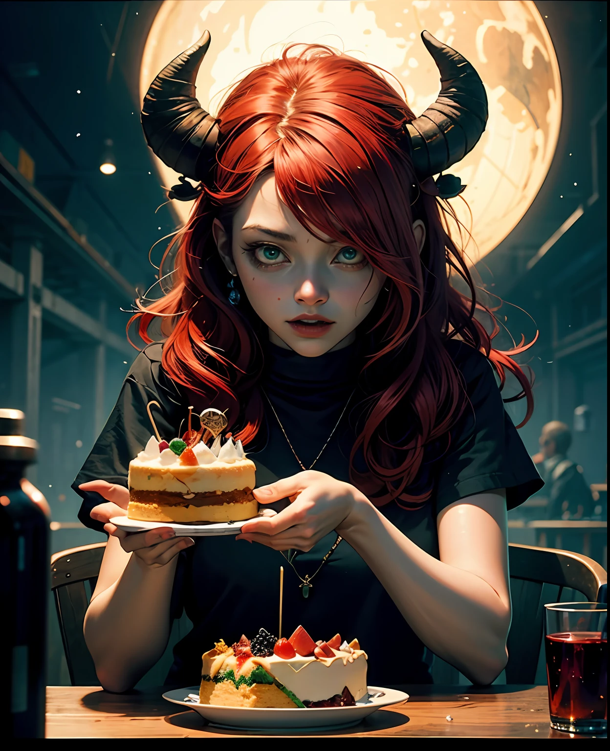 official art, unity 8k wallpaper, ultra detailed, beautiful and aesthetic, High quality, beautiful, masterpiece, best quality, (zentangle, mandala, tangle, entangle:0.6), low contrast, a cute red haired girl with green eyes and black horns serving cake to demons, pink, bright pastel colors, kawaii, (horror), eerie, rabbit skull, goat skull, in hell, creepy, demons, claws, best lighting