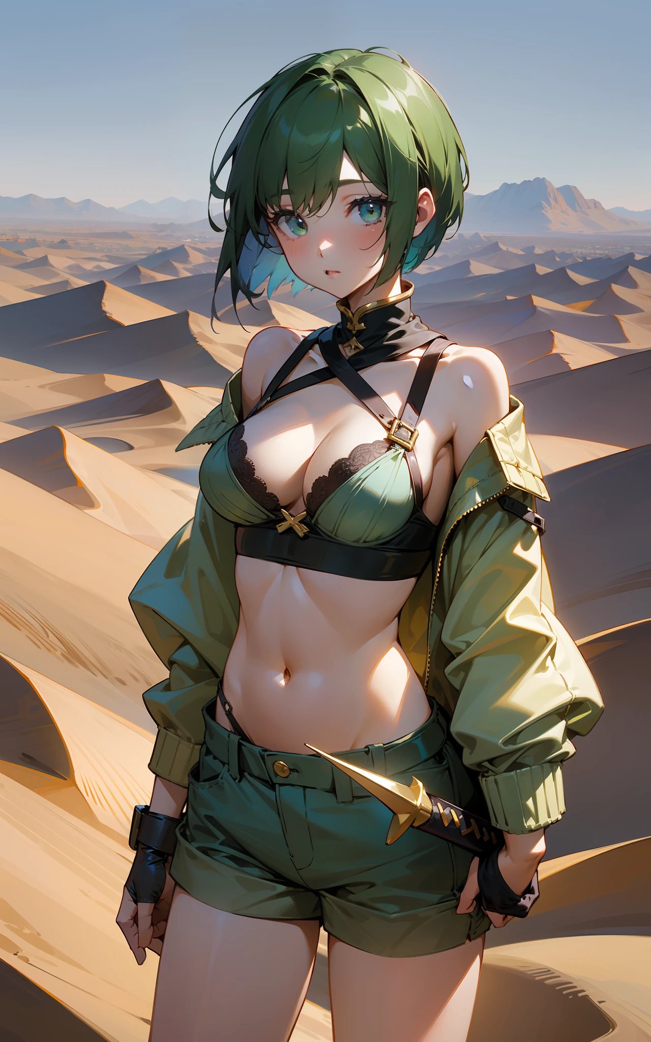 top-quality、hight resolution、detaileds, Desert People、Girl in bra top and shorts、A city in the desert、Green Shortcut Hair、（Fantasy worldview）、Holding a dagger、