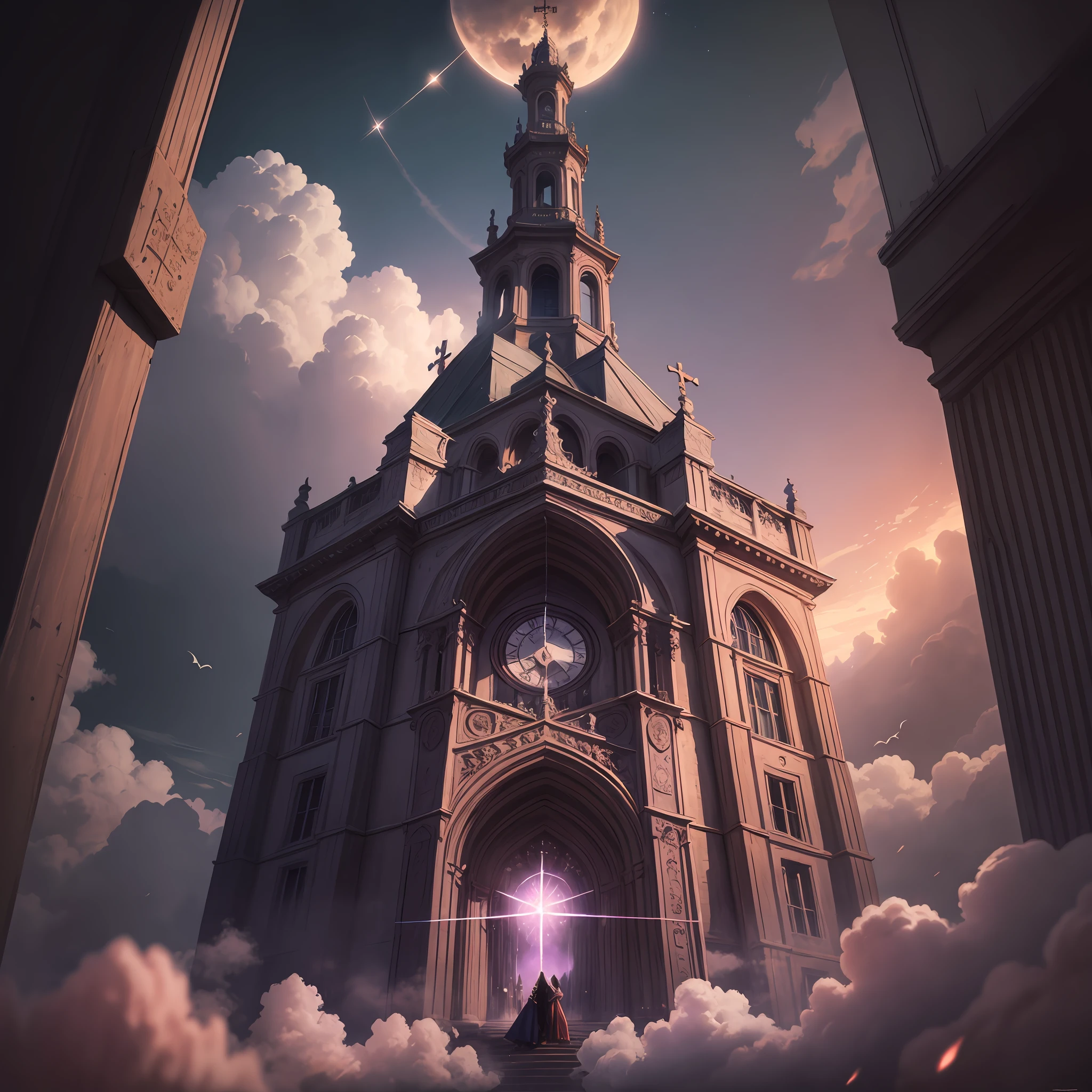 neo-classical, conceptual art, Gothic art, Ray tracing, Sparkle, Ultra-wide angle, kanon, f/4.0, hyper HD, 巨作, Best quality, A high resolution, Award-Awarded, 16k,Alchemy,steampunc,Pause the Bible,the bats,Hang the cross,dreamy sky,Pinkish-purple clouds,