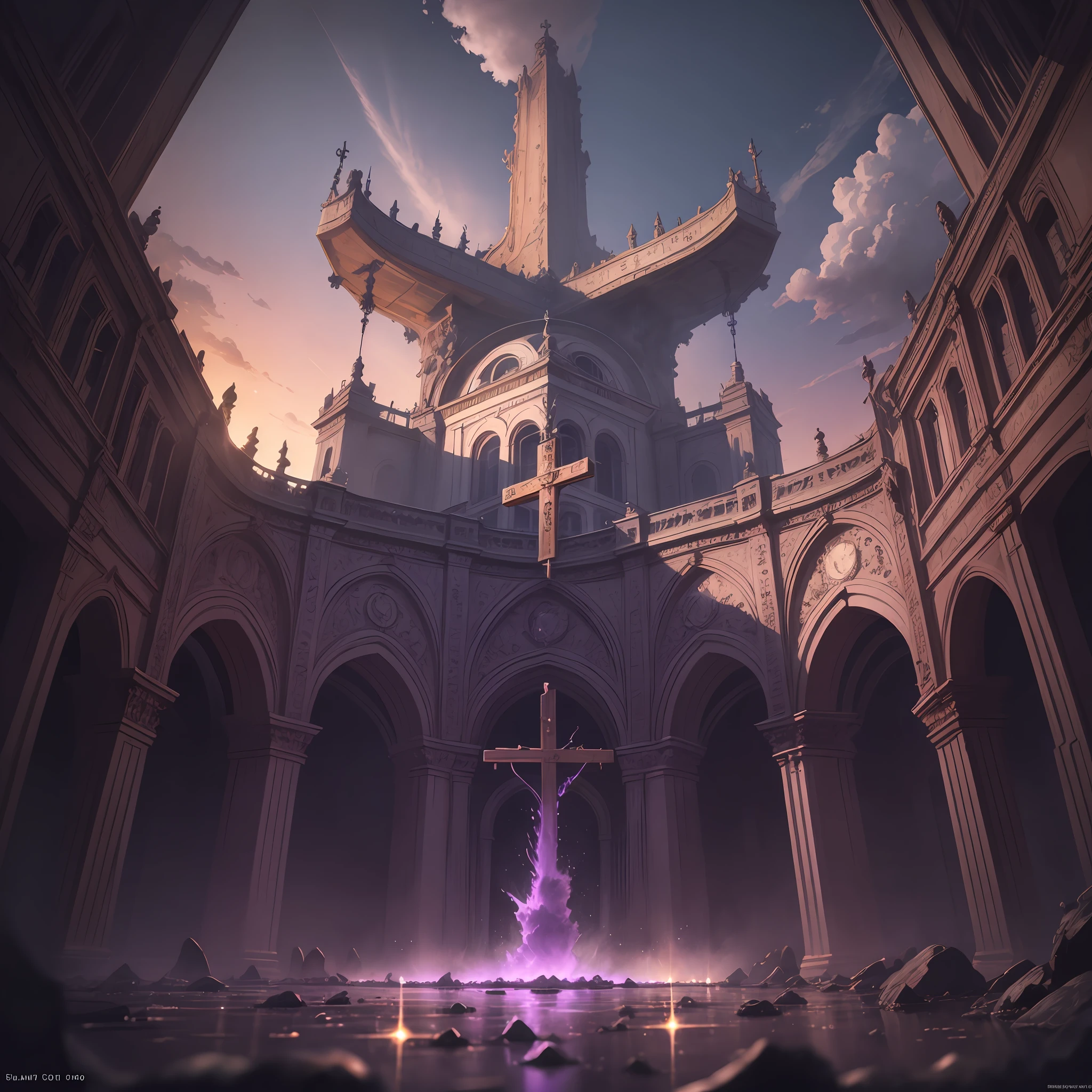 neo-classical, conceptual art, Gothic art, Ray tracing, Sparkle, Ultra-wide angle, kanon, f/4.0, hyper HD, 巨作, Best quality, A high resolution, Award-Awarded, 16k，Alchemy，steampunc，Pause the Bible，the bats，Hang the cross，dreamy sky，Pinkish-purple clouds，
