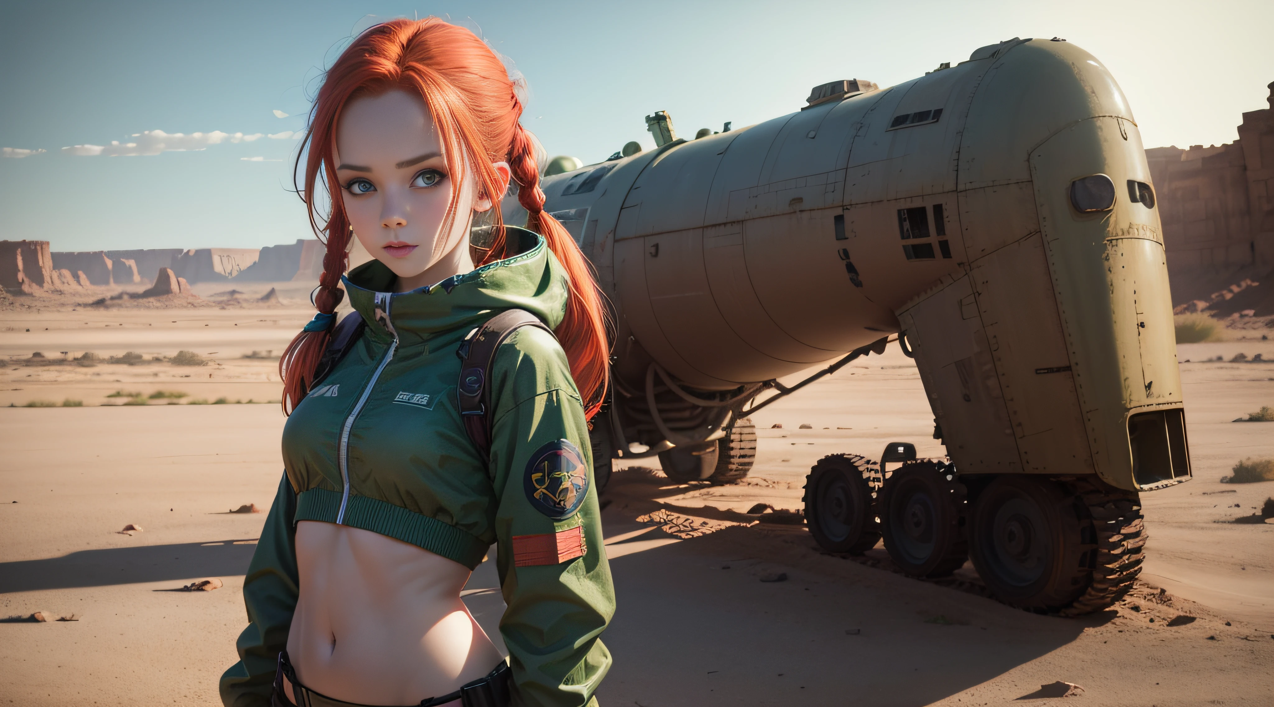 cute redhead woman in twin tails, multiple rainbow colored hair, sky-blue eyes, happy, Ukrainian, petite, pale skin, wearing a green metallic color bikini, post apocalyptic background, bleak barren desert, photo realistic woman. --auto