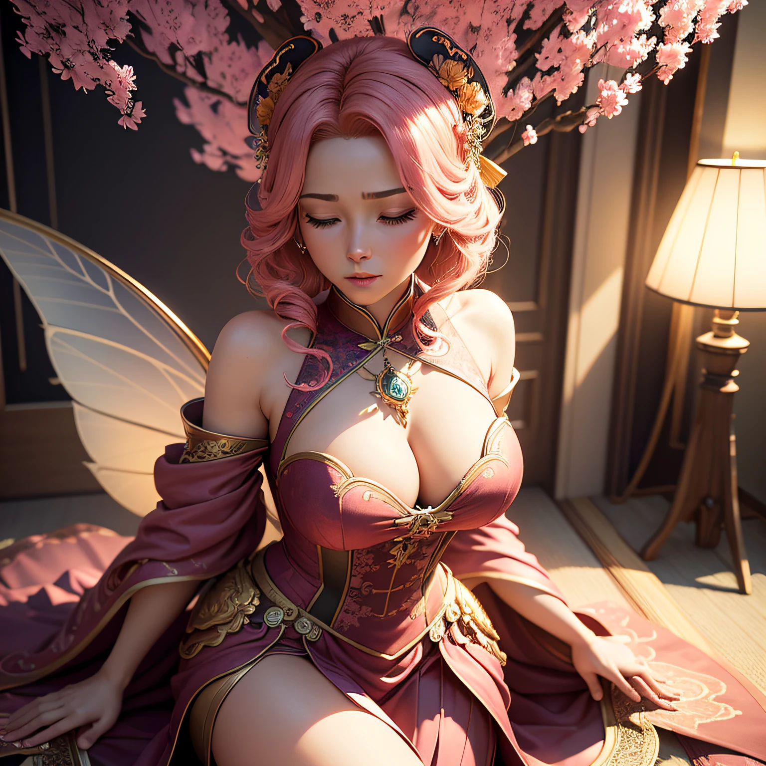 (Sunset background)infinite room,(Chinese Wind Fairy Peach Tree),Pink leaves,(Turtle Master)Pray under the peach tree with your eyes closed,Similar to floating,God Ray,rim-light,softlighting,3D animated movie style, SENSE OF CINEMA,max detail,lisses,The is very detailed,delicated,Excellent composition,Dynamic cinematic lighting,movie atmosphere,Photoshop,clean backdrop,8K,The 3D rendering is very detailed,ultra-realistic realism,(Fidelity,Fidelity:1.37),tmasterpiece,highly detailed,The is very detailed,delicated,lisses,dramatic lighting,professinal,vibrant detail,unbelievable Ridiculous,A high resolution,rendering by octane,Highly coordinated colors, ,ellegance,vibrant contrast,Advanced saturation,hyperdetailed colourful,vibrant contrast,The light is perfect,Best quality at best,The finest details,Very detailed and detailed rendering and quality,A high resolution,Amazing Cleavage,hyper HD,
