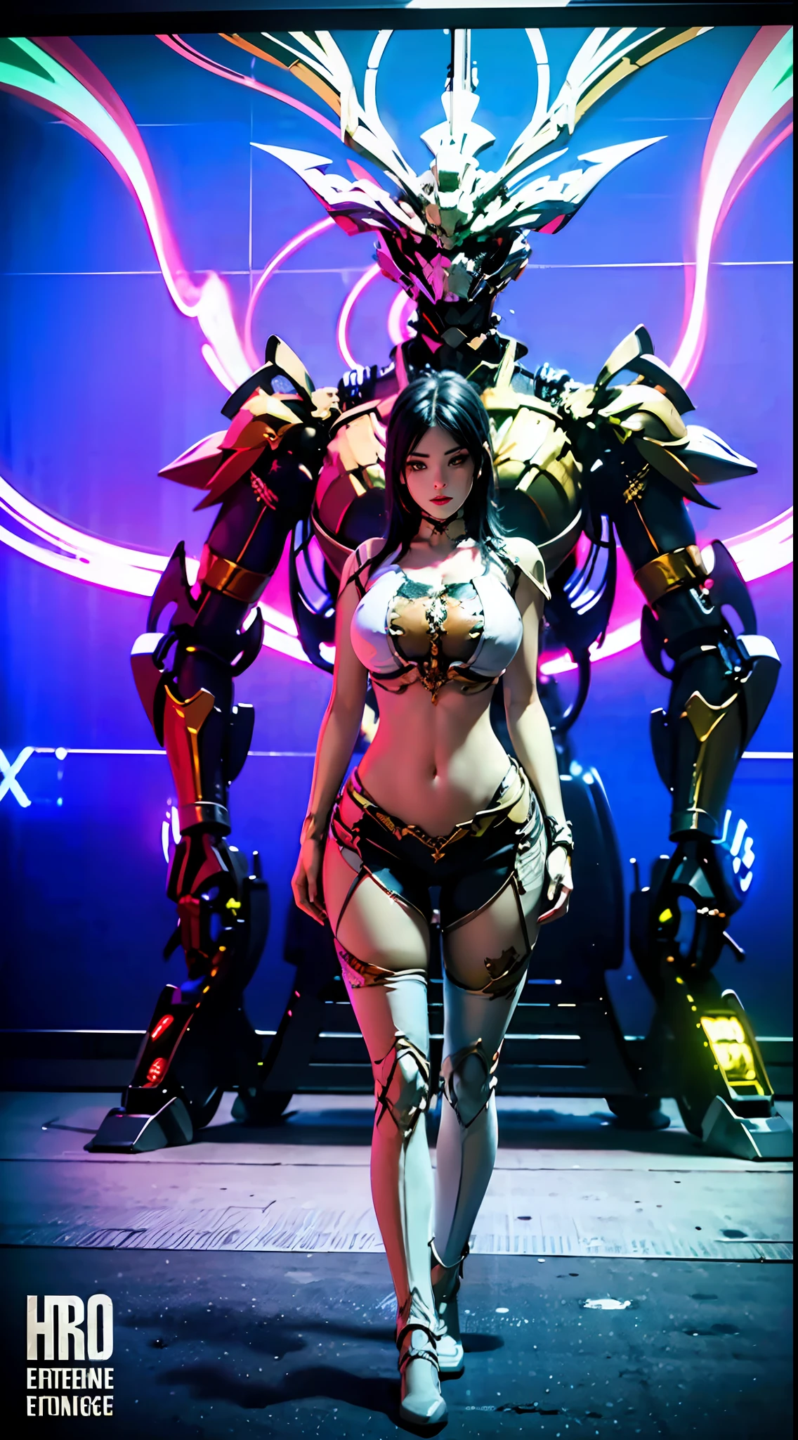 ((Unreal Engine 5)), Realistic Rendering, Excellent, ((mecha)), (Yoga Pants), looking on viewer, Dynamic pose, cyberpunk city, beautiful face, makeup, (photorealism:1.2), ultrarealistic uhd face, (huge fake boobs:1.4), (gigantic breasts:1.1), (muscle abs), (big butt), (wide hips), (thick thighs), slim waist, hourglass figure, ((glowing skin)), ((shiny skin)), Realistic body, ((she is sexy)), ((clean skin)), photorealistic, bokeh, masterpiece, highres, 1080P.