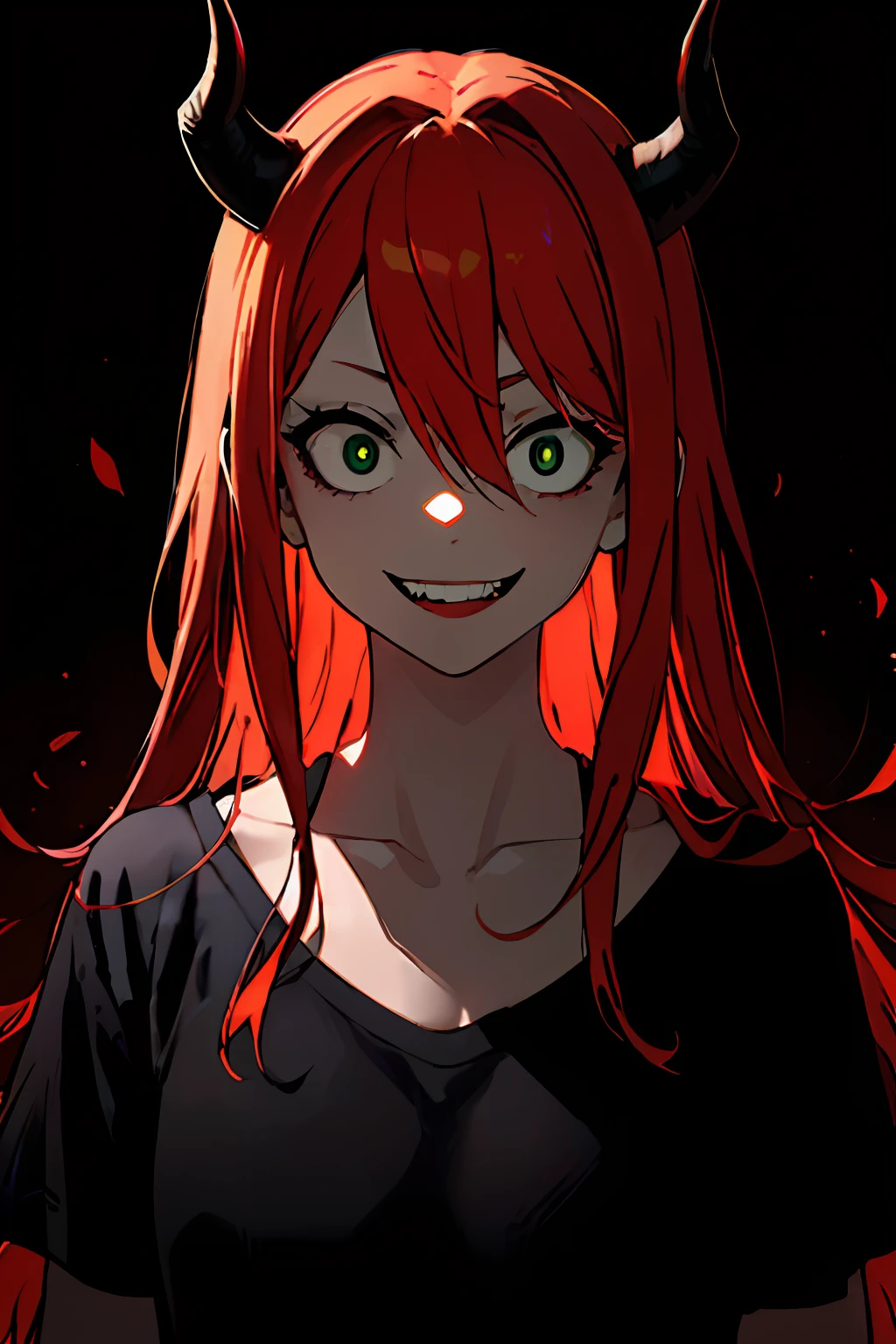 1girl, (torned clothes:1.1), ginger haired girl with green eyes and black horns, cinematic lighting, dark, shadows, red background, (crazy smile,constricted pupils, small pupils:1.2),