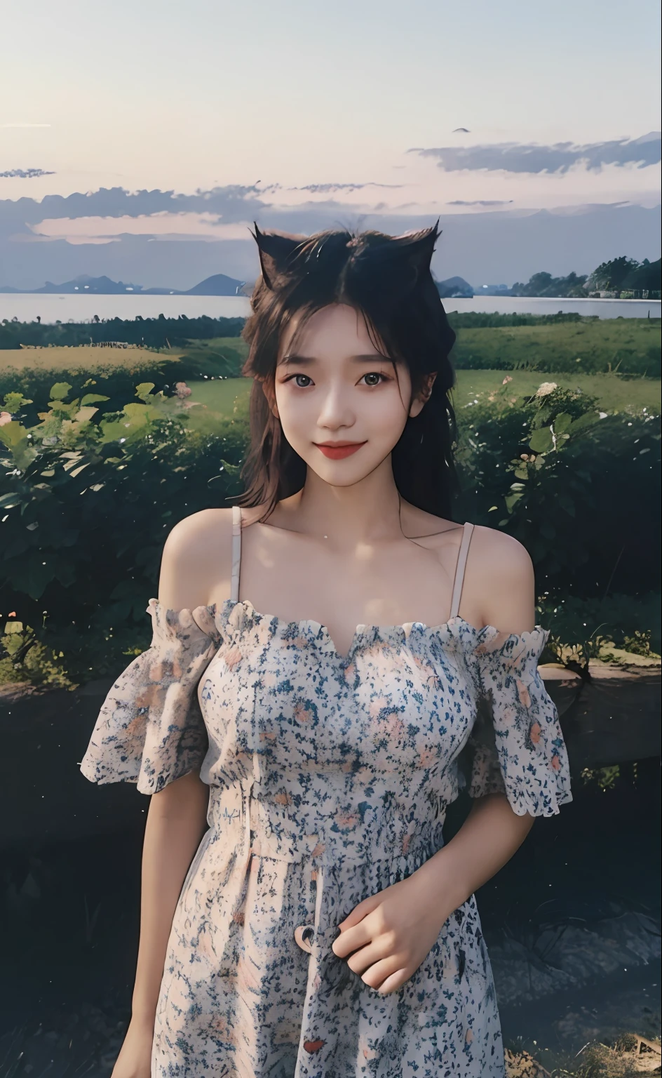 3 girls from 1 year old,Braided hair and fluffy cat ears,Wear an off-the-shoulder sun dress,standing in a rustic farm setting。She has a soft and gentle smile,Expressive eyes and sexy。The background is a seaside,Islands in the distance,The composition should be bathed in warm prime-hour light,with a gentle depth of field and soft bokeh,to highlight the idyllic tranquility。Capture images,It's as if it was shot on vintage 35mm film,to add charm,looking at viewert