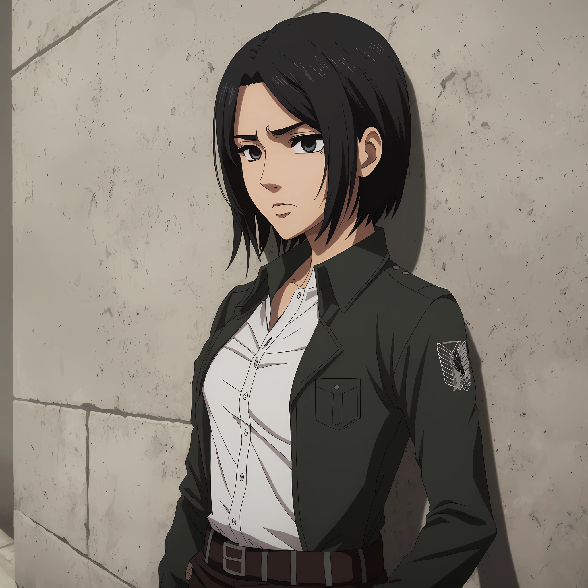 Mujer, Mikasa Ackerman, estilo Attack on Titan, Arte oficial Shingeki no Kyojin, corte de pelo corto, (cabello negro: 1.3), Mirandote, scowling, patillas, flequillo negro con cabello negro en la frente, pelo muy corto, camisa negra con cuello de tortuga, pechos medianos, ropa ajustada, cuerpo tonificado, Altas Resoluciones, pelo corto, ojos grises, cuello, emblema, beltt, Correa para el muslo, Cuello negro, pantalones blancos, mangas largas, Sosteniendo un arma, espada, Al aire libre, Asian eyes and nose up, Cuello negro, cuello, solamente, labios, solamente, obra maestra, Plano medio, retrato, Altamente detallado, mejor calidad, calidad 8k