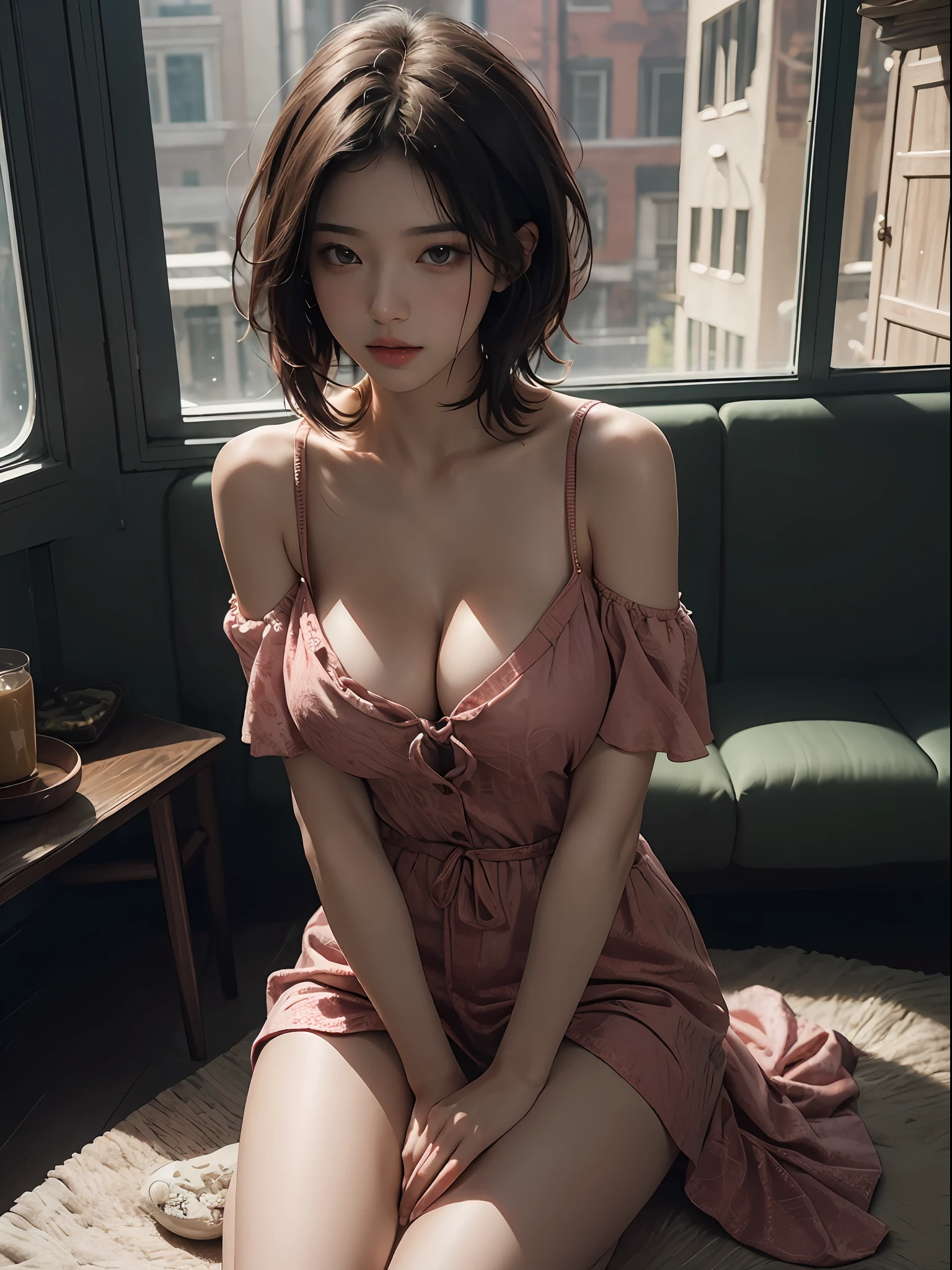 best qualtiy，tmasterpiece，超高分辨率，（Fidelity：1.4），RAW photogr，Kizi，cropped shoulders，short detailed hair，whaite hair，Lori huge breasts cleavage，masturbation