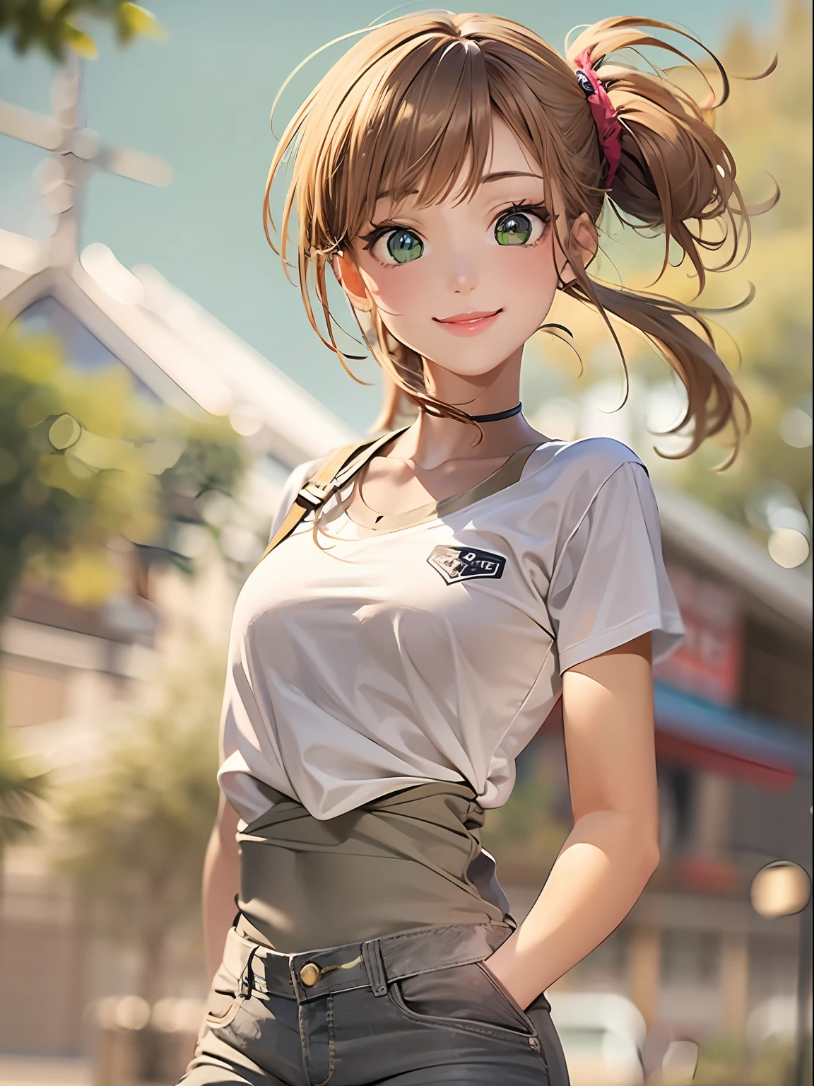 only 1 girl, beautiful, wearing Pantyhose and shorts ,white T-shirt, light brown hair, short ponytail, light smile ,cowboy shot, green background ,masterpiece, anatomically correct, textured skin, super detail, high details, best quality, high quality