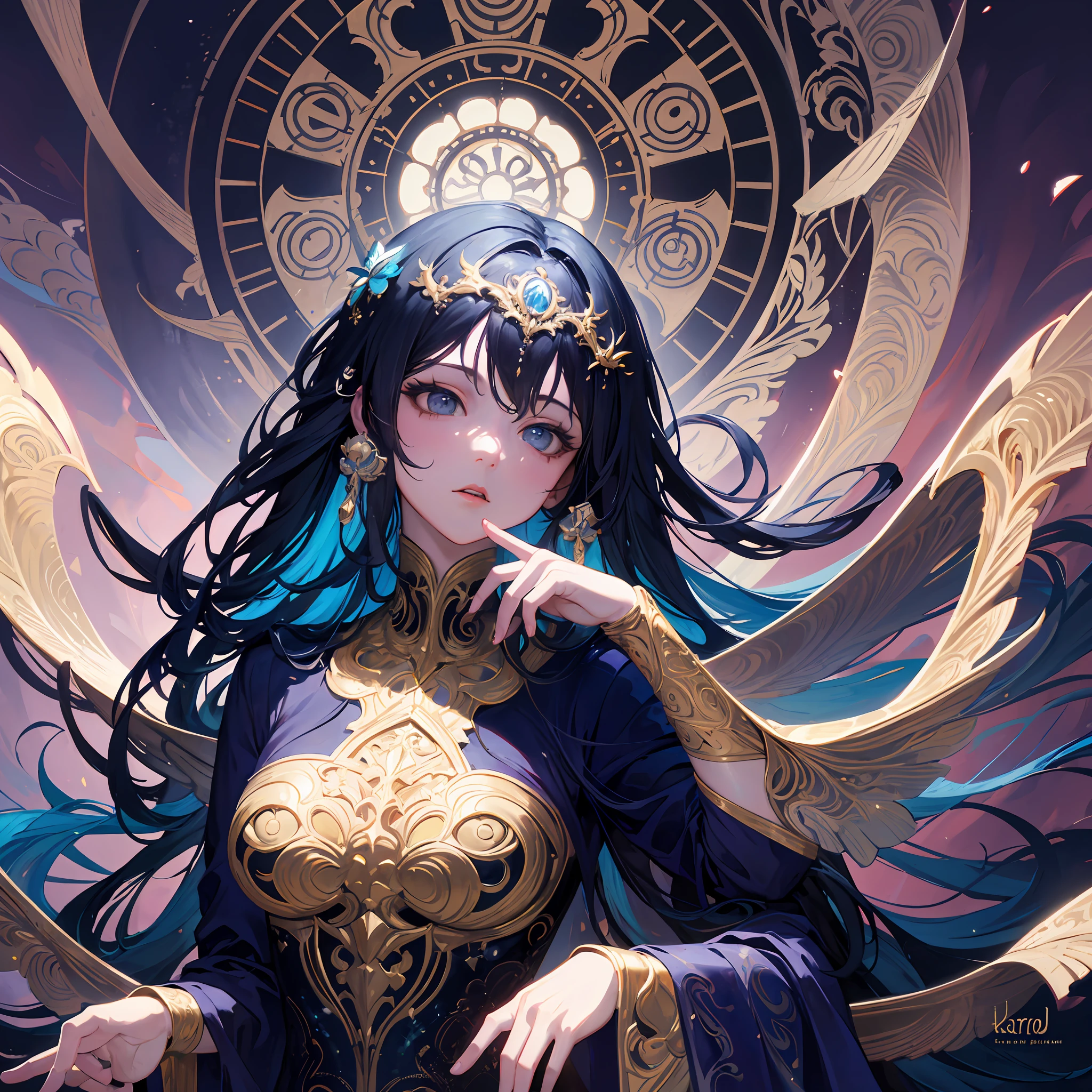 There is a statue of a woman wearing a gold headdress, karol bak uhd, intricate wlop, Goddess. Extremely high detail, hyperrealistic art nouveau, art nouveau octane render, intricate ornate anime cgi style, beeple and alphonse mucha, james jean and wlop, intricate digital painting, 4k highly detailed digital art --auto