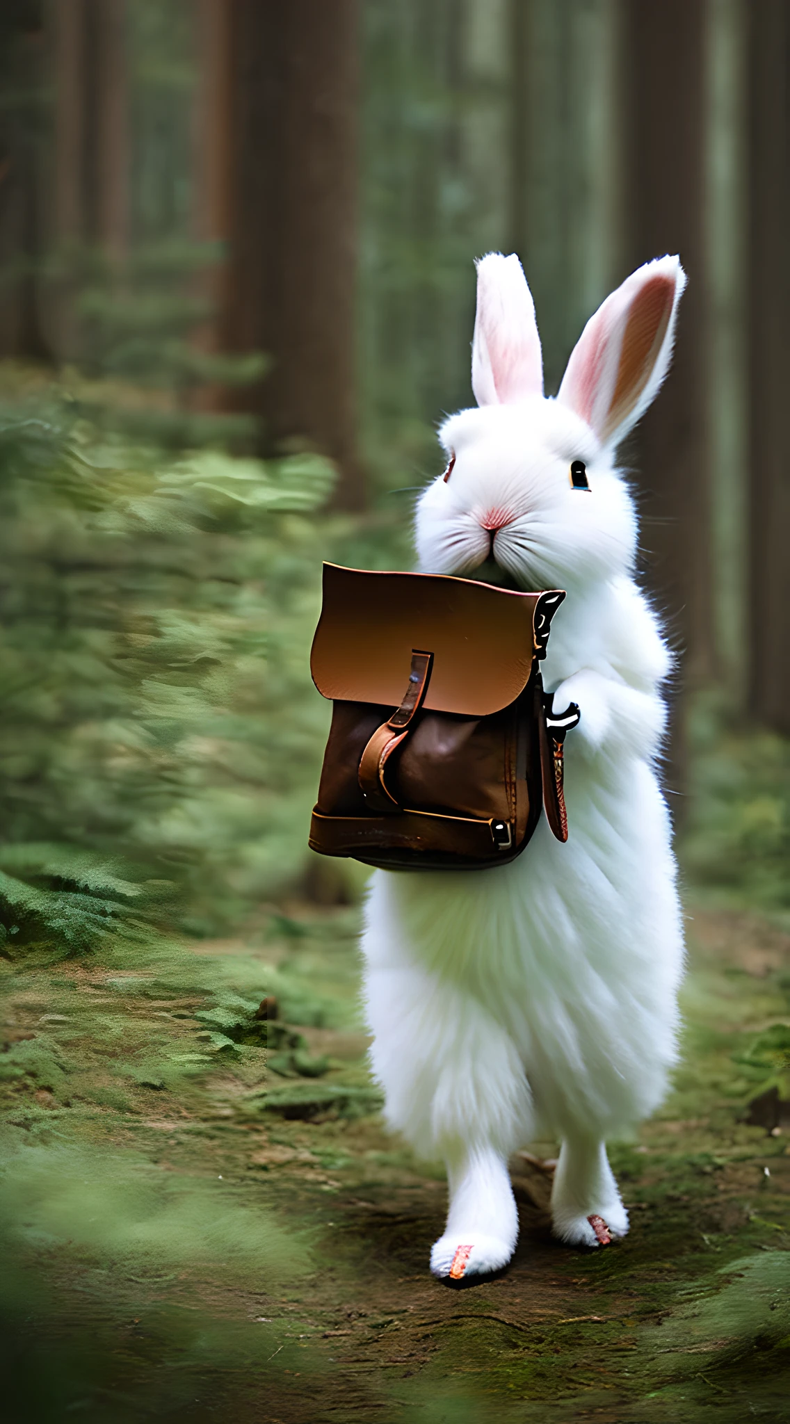 Classic negative portrait photo,Fantasy video game character concept art,Cute white furry bunny carrying a small brown leather backpack,Map hike through the forest,dungeons and dragons,rios,haze,Halo,blooms,Dramatic atmosphere,1970s dark fantasy film style,Central symmetry,the rule of thirds。