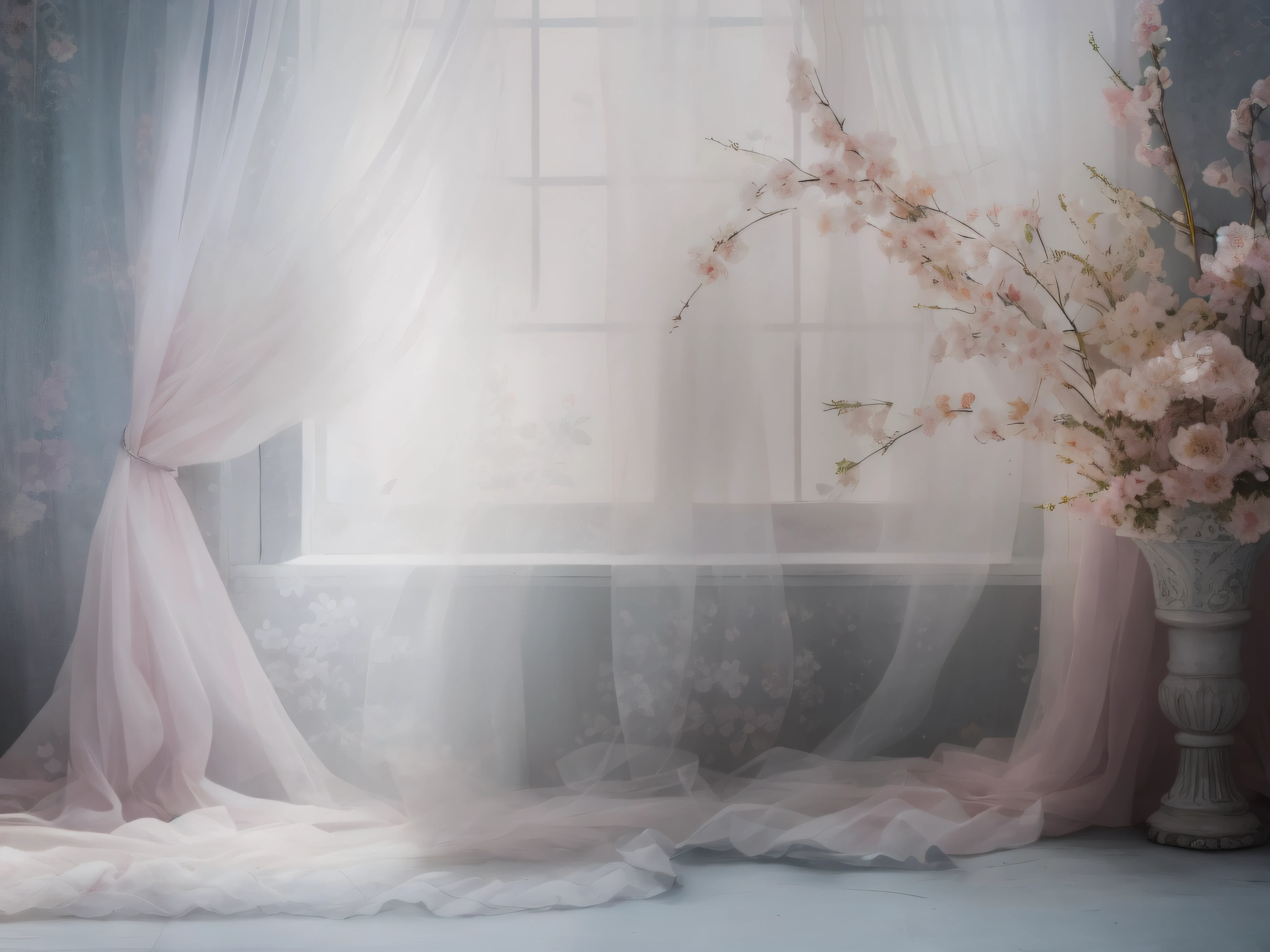 There is a vase with flowers next to a window, ethereal curtain, Ethereal curtains that flow endlessly, ethereal and dreamy theme, Luz suave de la ventana, soft ethereal lighting, dreamy and ethereal, stunning arcanum backdrop, dreamy atmosphere and drama, dream scene, ethereal and dreamy, photo studio background, Fondo del dormitorio, Incredibly ethereal, Seda Sakura que fluye, ethereal background