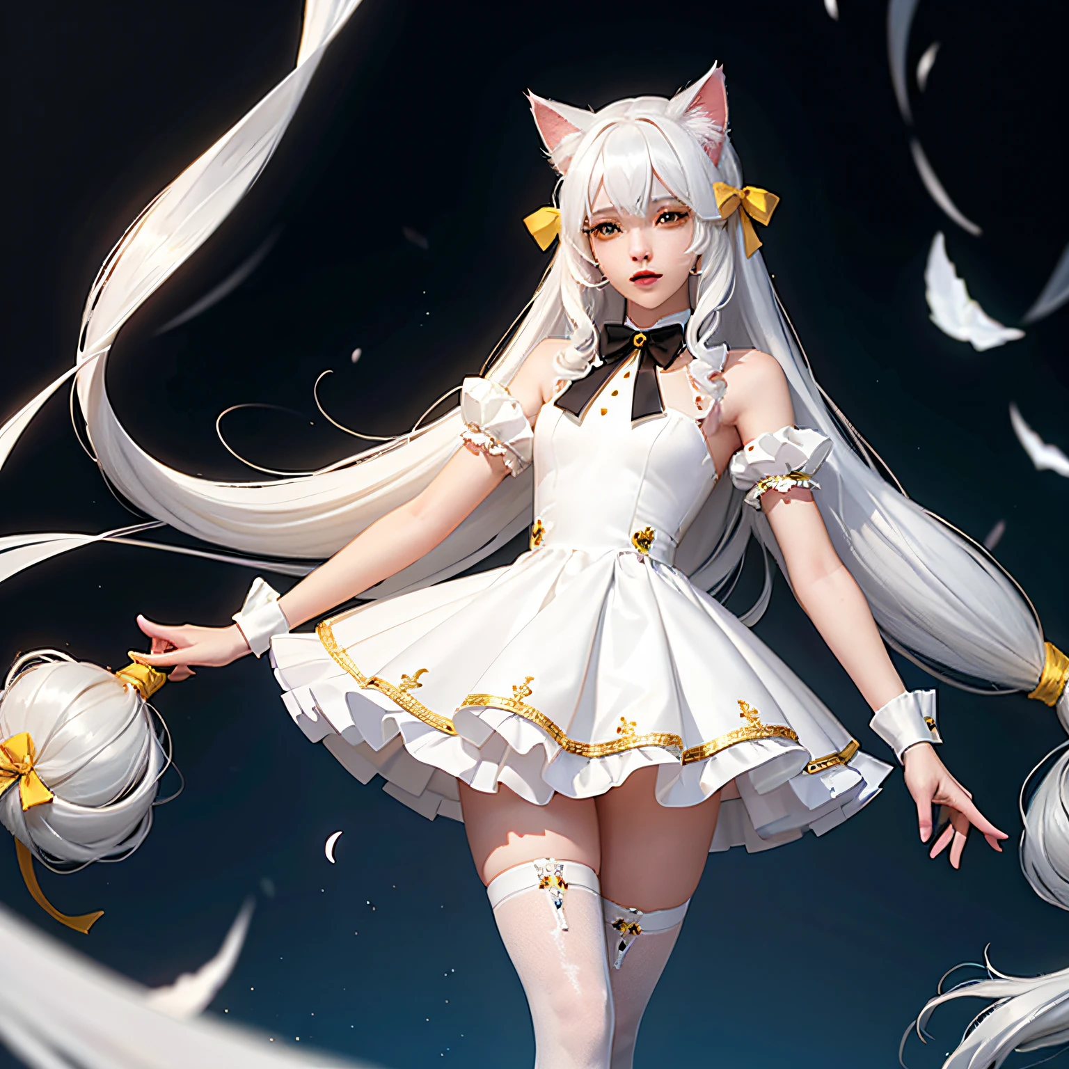 white hair, long hair, hair bow, ribbon, yellow eyes, cat ears, moaning, UHD, masterpiece, textured skin, Gradient dress,Long legs --auto