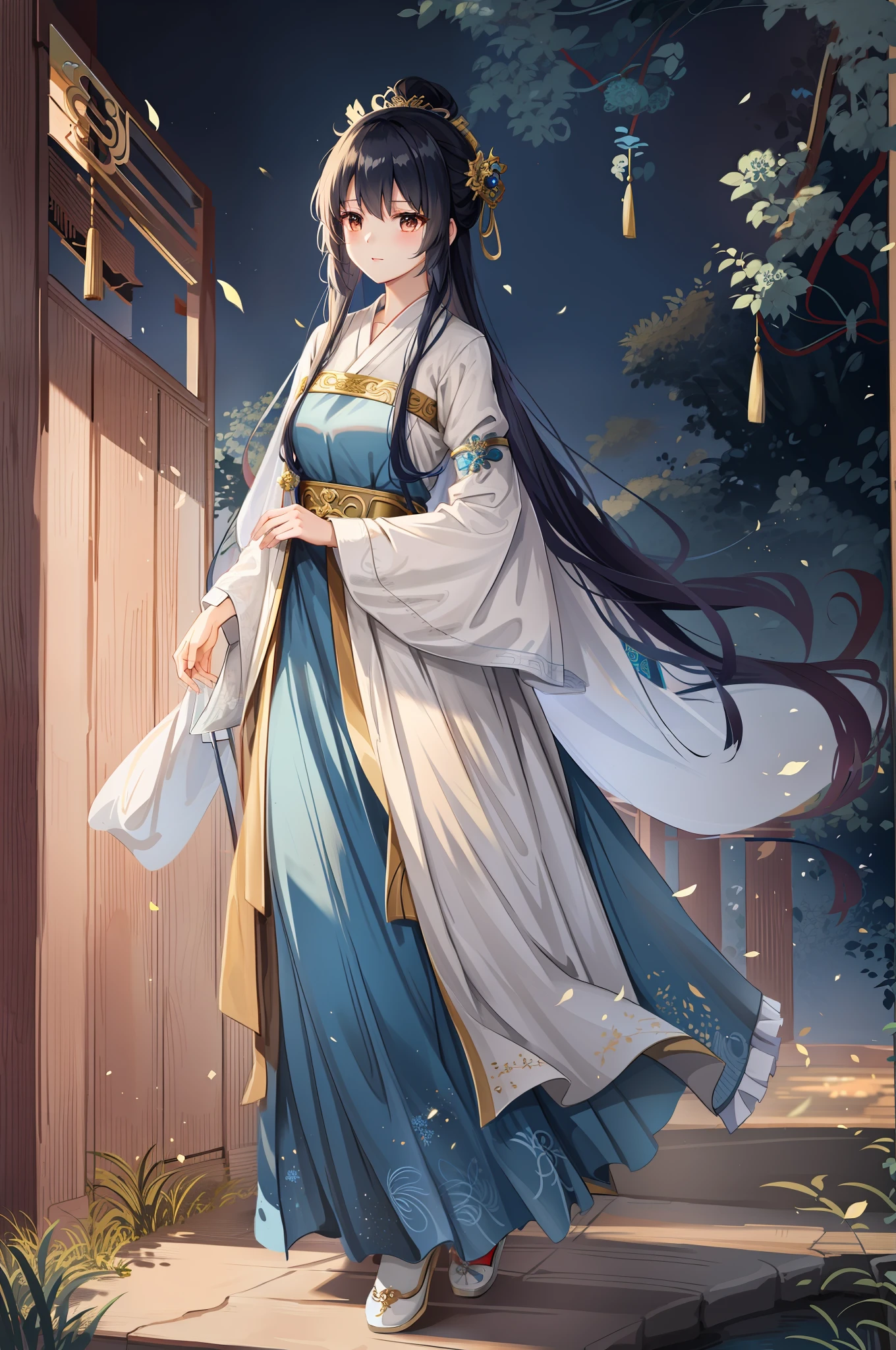 Anime girl in blue and white dress standing in front of wooden door, Palace ， A girl in Hanfu, Beautiful character painting, a beautiful fantasy empress, ((a beautiful fantasy empress)), flowing hair and long robes, Wearing ancient Chinese clothes, flowing magical robe, Guviz-style artwork, Inspired by Qiu Ying, by Yang J
