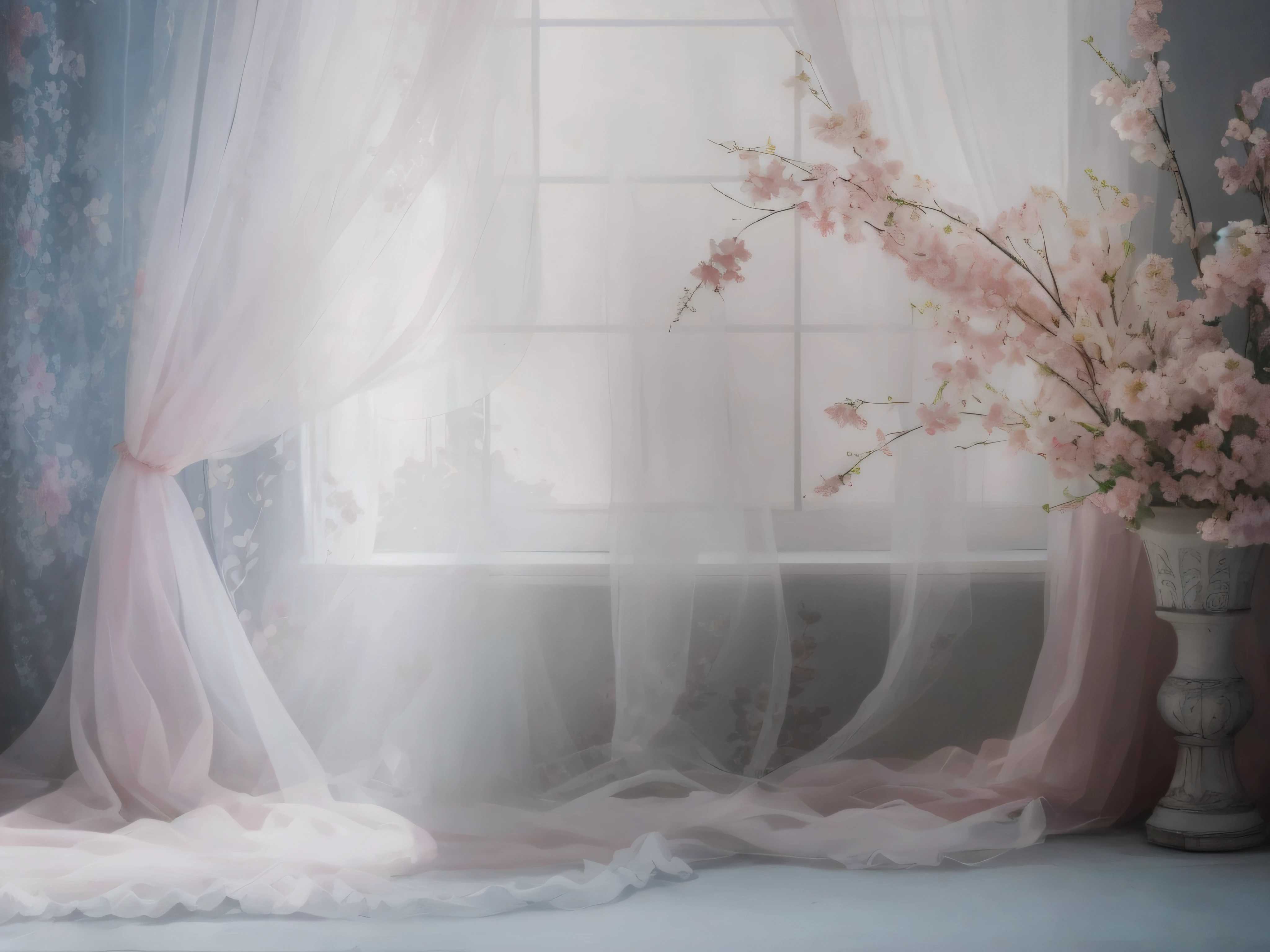 There is a vase with flowers next to a window, ethereal curtain, Ethereal curtains that flow endlessly, ethereal and dreamy theme, Luz suave de la ventana, soft ethereal lighting, dreamy and ethereal, stunning arcanum backdrop, dreamy atmosphere and drama, dream scene, ethereal and dreamy, photo studio background, Fondo del dormitorio, Incredibly ethereal, Seda Sakura que fluye, ethereal background