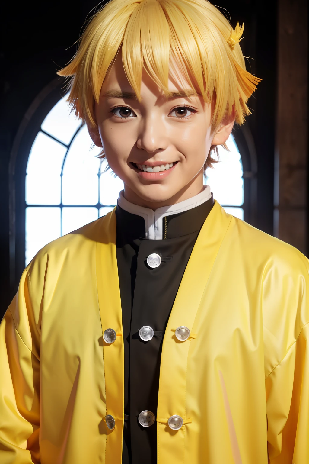 Demon Slayer Uniform、Boy、standingn、Look at the viewer、Face、focus at face、Nervous、a blond、a smile、Yellow feather weave