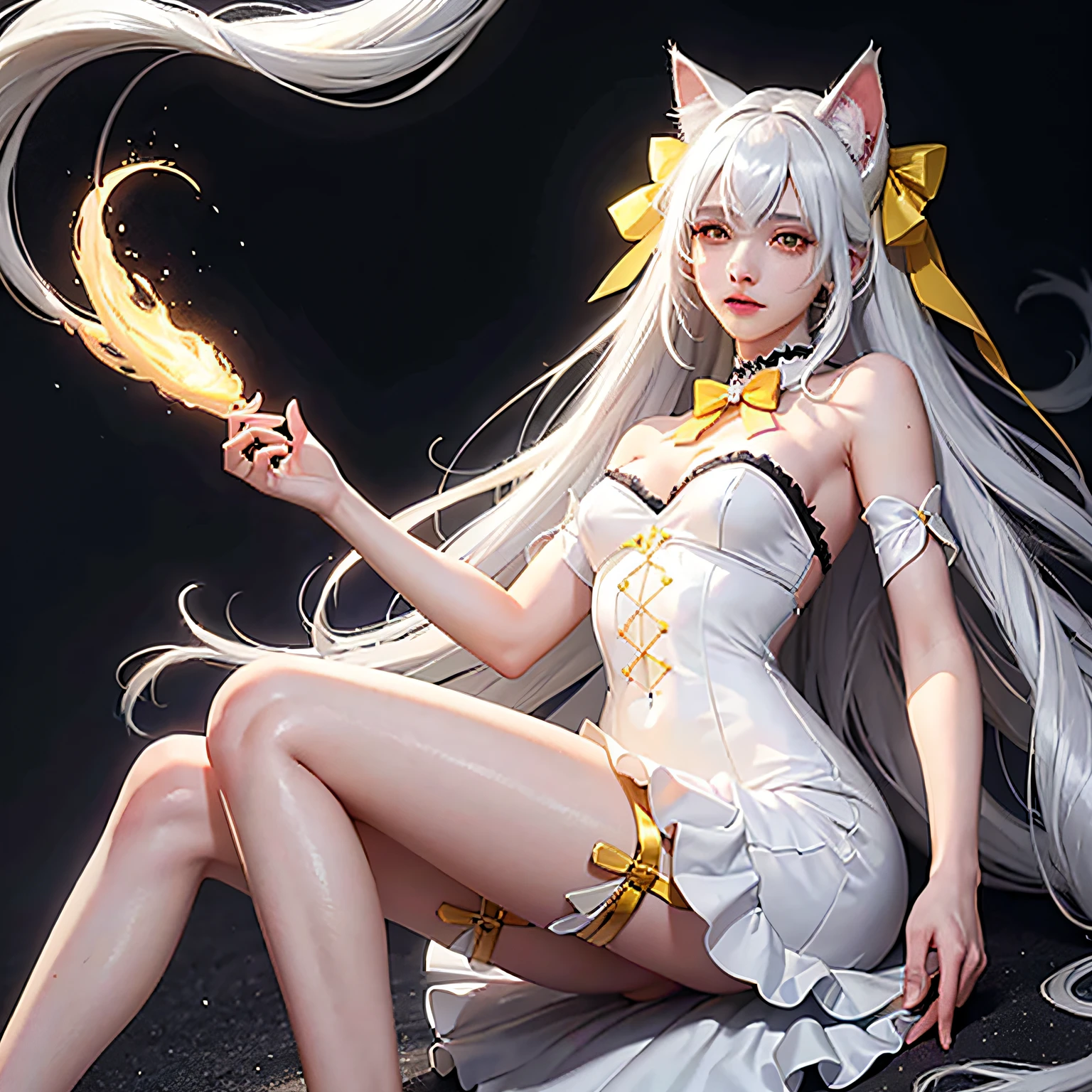 white hair, long hair, hair bow, ribbon, yellow eyes, cat ears, moaning, UHD, masterpiece, textured skin, Gradient dress,Long legs --auto