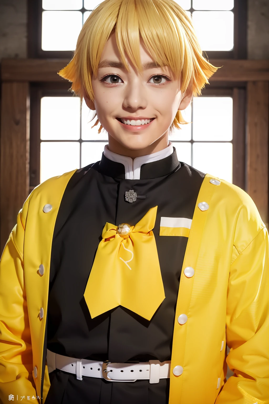 Demon Slayer Uniform、Boy、standingn、Look at the viewer、Face、focus at face、Nervous、a blond、a smile、Yellow feather weave