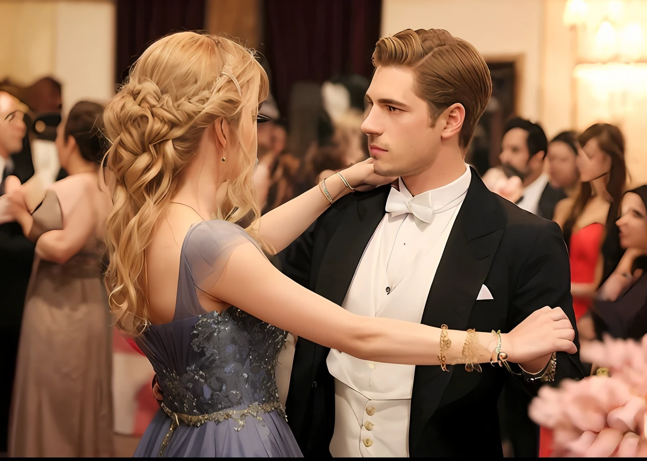No centro da cena, Only two people occupy the space: a blonde gentleman with a serious face and a deep look and a blonde lady with a sweet and gentle face. The woman is dressed in a dazzling blue dress, adornado com detalhes delicados e tecidos luxuosos. O vestido cai elegantemente ao seu redor, highlighting his graceful figure. Os detalhes em ouro e pedras preciosas brilham, destacando-se contra o azul profundo do vestido. Her blonde hair is carefully combed and decorated with subtle embellishments. It exudes an impressive elegance.
The gentleman is dressed in appropriate attire for the occasion. Ele usa um colete ricamente bordado, camisa de renda fina e uma capa de veludo sobre os ombros. His pants are fitted and his boots are polished. His posture is haughty and confident, reflecting his imposing presence.
Ambos os personagens, com seus cabelos loiros, se olham com expectativa, Ready to start the dance. Their expressions convey grace and serenity. The lady holds out her delicate hand, waiting to be led by the gentleman in a charming dance step.
The generated image will capture the smallest details of the lady and the gentleman, destacando a beleza de seus trajes medievais. Todos os elementos, from the ornaments of the dress to the facial features of the characters, will be accurately depicted. The image will be generated without background, focusing entirely on the two people and their magnificence.
