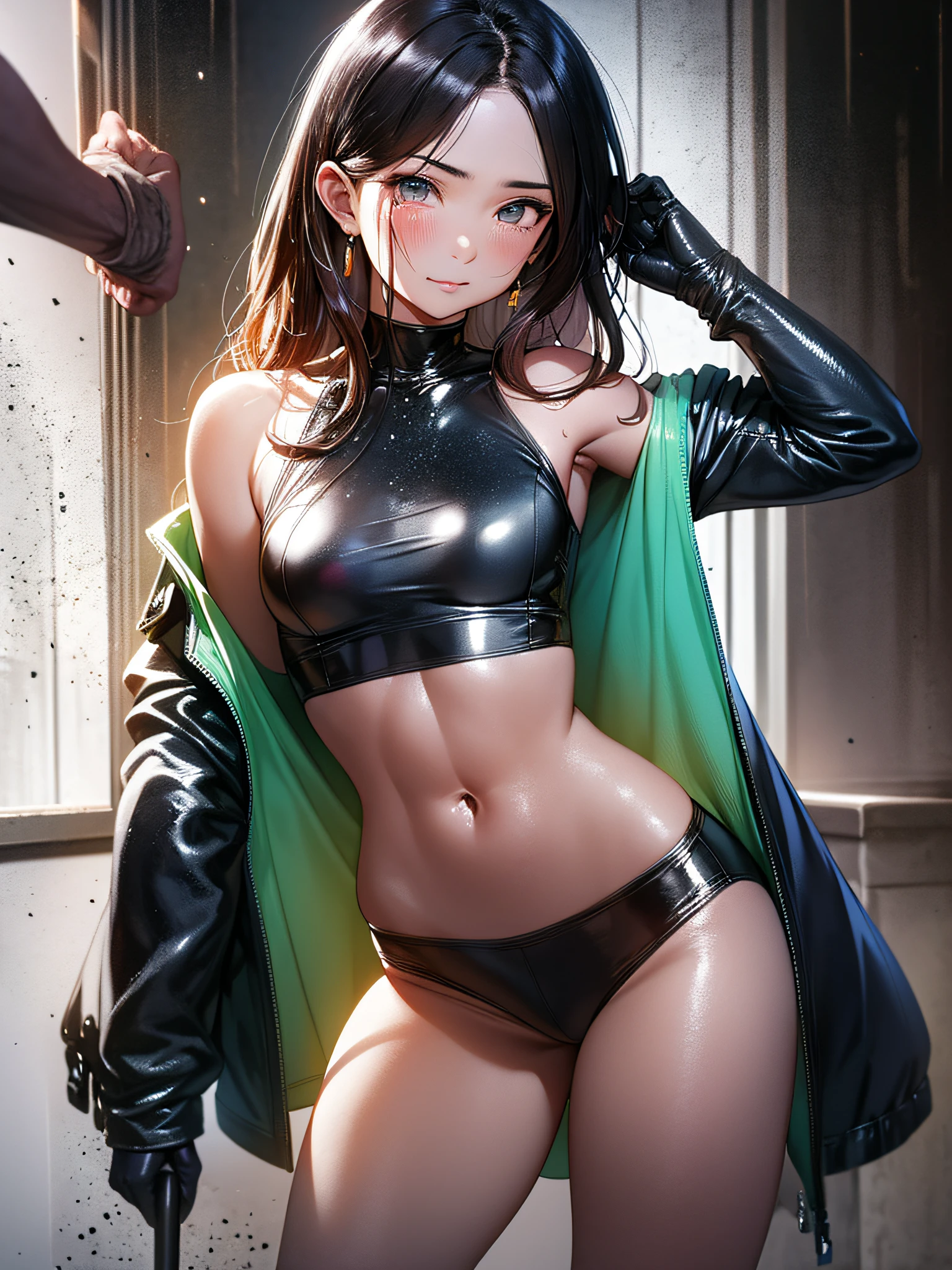 illustratio, (ssmile,:1),(rained,dampness,spatter:1.3),(Cord,Abs,little breast,:1.1),(Thin transparent wet clothes,SFW),upper legs,battlefiled,(slim,fit body,flatchest,petite,Ukrainian,) photograph realistic,k hd,Detailed realistic,A detailed,ultra - detailed,realistic skin textures,超A high resolution,A high resolution,Flag drawing,(tmasterpiece,best qualtiy),Facial tears,long black gloves