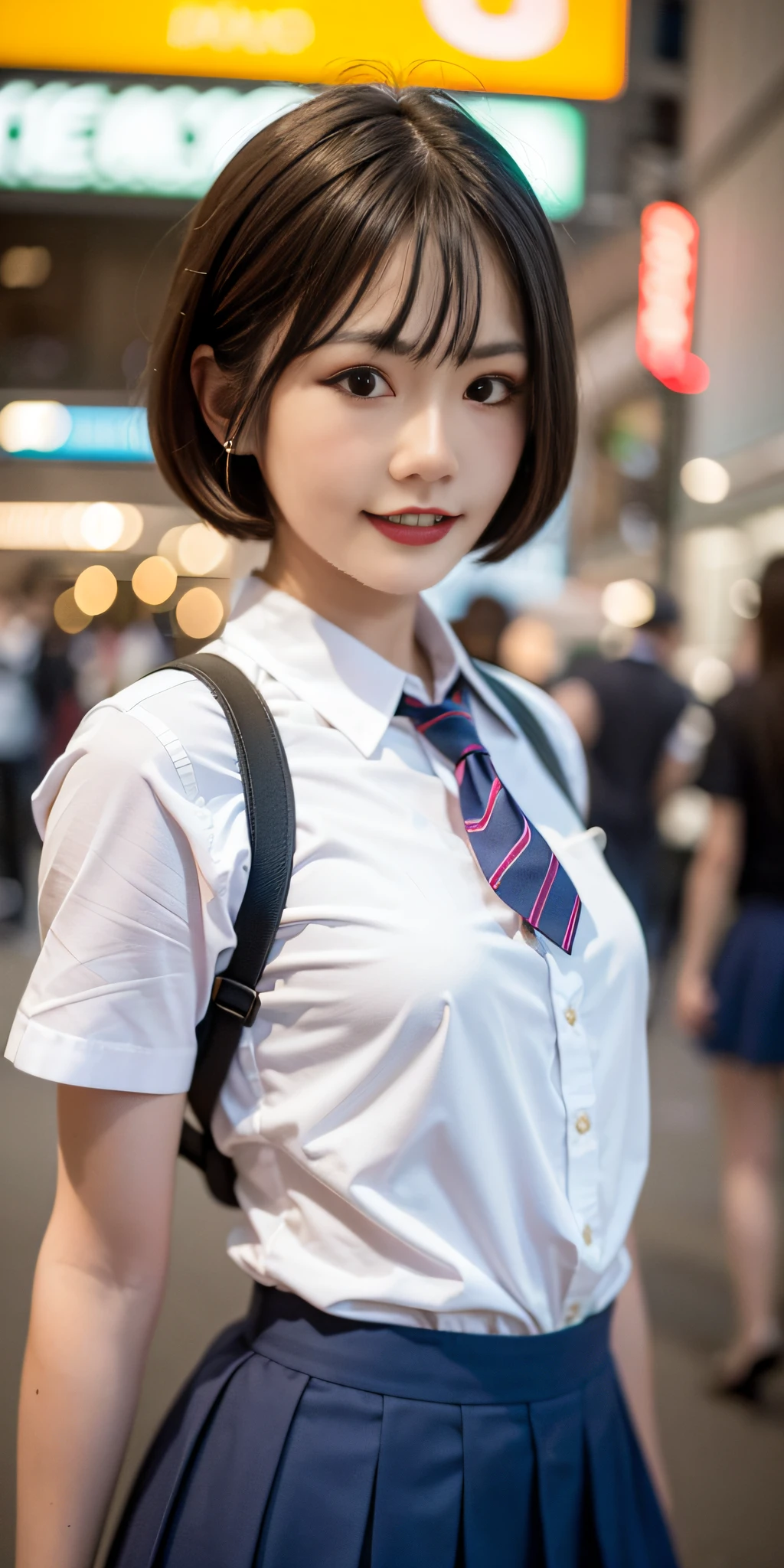 (school uniform:1.5),check pleats skirt, Tokyo street,night, cinematic lighting, light on face, cityscape, city lights,1Japanese little girl, upper body, facial close-up, playful pose,(freckles),(short bob hair:1.5), blunt bangs,Put her hair up,smile, (8k, RAW photo, best quality, masterpiece:1.2),(realistic, photo-realistic:1.37) , shot on CineStill 800T, (small chest),

LoRA 1 Model: japanesedolllikeness_v10_lora_f16.ckpt, LoRA 1 Weight: 0.3, LoRA 2 Model: hipoly_3d_model_lora_f16.ckpt, LoRA 2 Weight: 0.1
