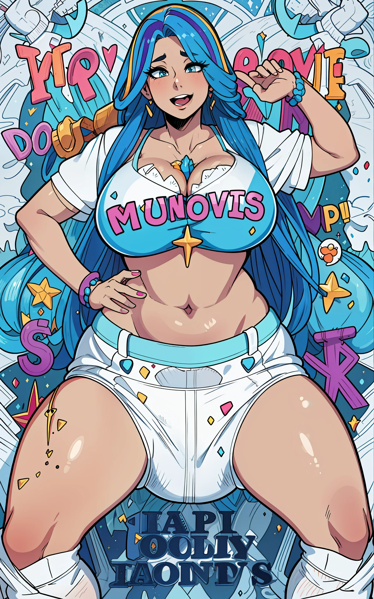 Sexy busty woman wearing big diapers, magical, colorful, detailed, surprised, happpy, large breasts, wide hips, casting love spell, seductive, ((mommydom))