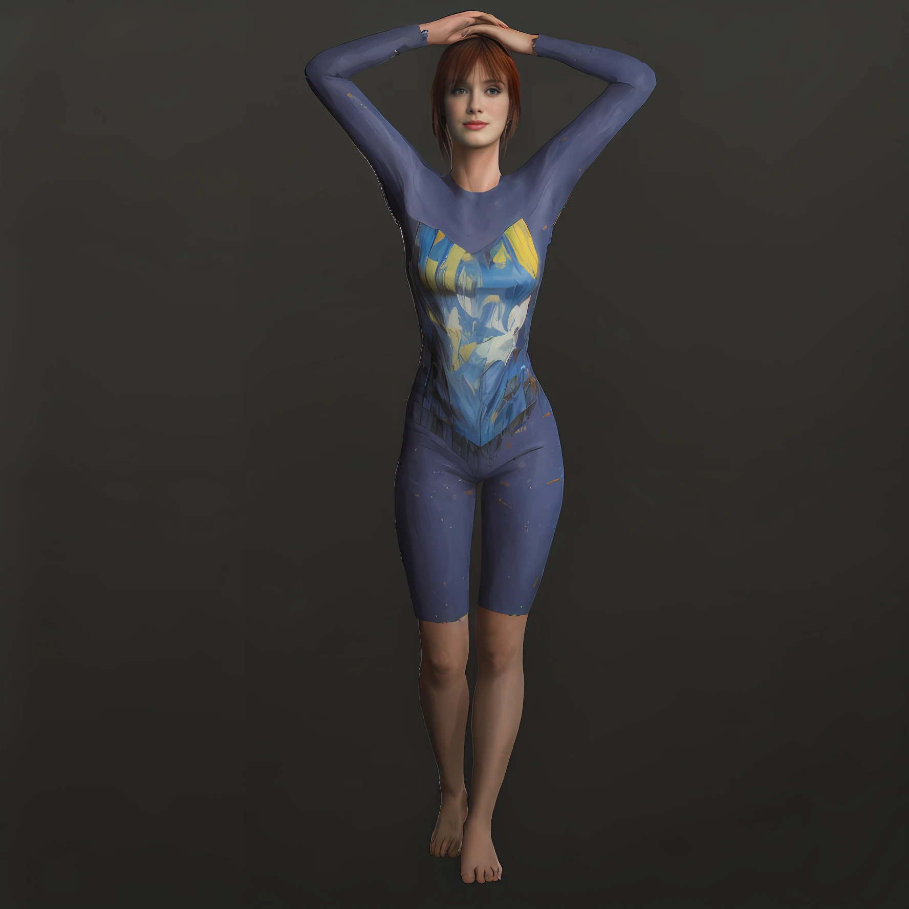 Arafed Woman in a suit with a blue and yellow design, Ropa realista, Cuerpo completo fotorrealista, pintura corporal azul, completamente vestido. Pintura de sexy, Modelado en Poser, Retrato de cuerpo completo, Retrato realista de cuerpo completo, Retrato completo de cara y cuerpo, Traje de cuerpo completo, Cuerpo perfecto fotorrealista, Modelo de pie, Pintura de cuerpo entero