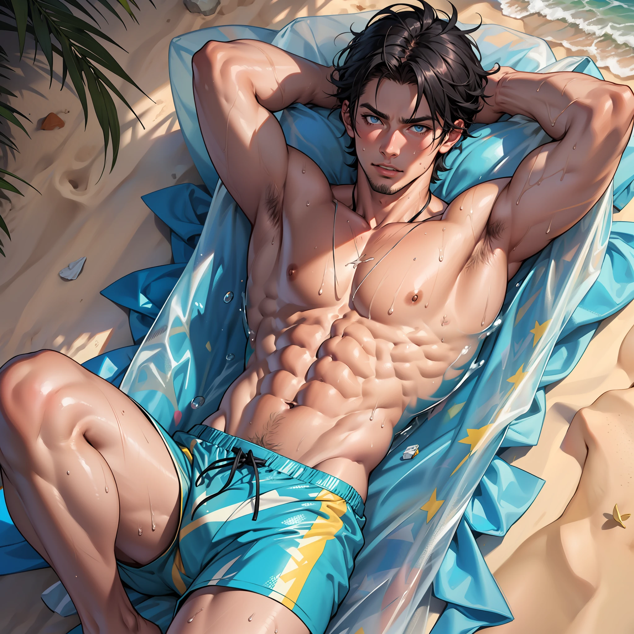 Black-haired, blue-eyed abs handsome guy lying on the beach,Wear plastic wrap swim trunks,8k,Light,Realiy,rays of sunshine,Abdominal hair,sweat leggs