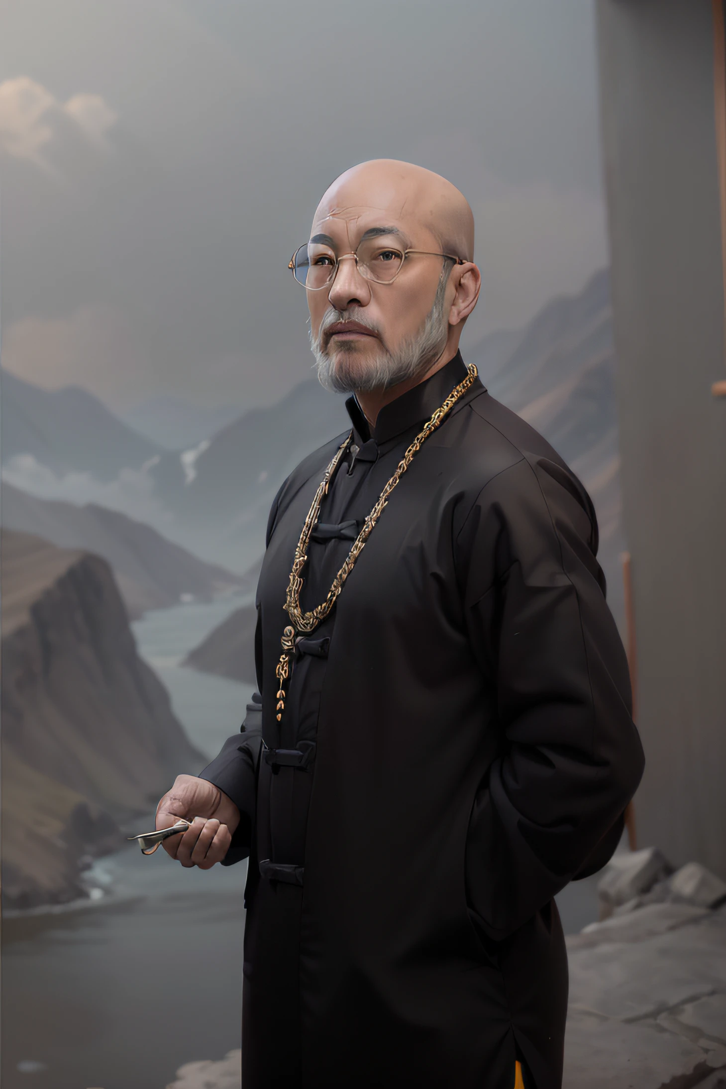 The background is a dojo deep in the mountains，There are Tai Chi Bagua Charts，There is bamboo，There are mountains and waters，Classical Chinese architecture，Asian face，with a rosary in hand，Glasses with gold wire rims，Glow around the body，Clear fingers