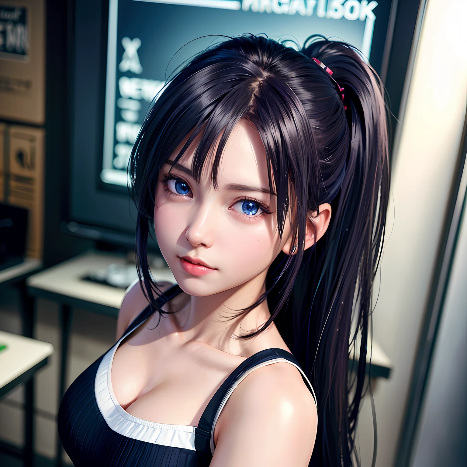 (8k, RAW photo, best quality, masterpiece:1.2), (realistic, photo-realistic:1.37),1 girl,cute,blue eyes, (solo),detailed faceponytail, dramatic angle,
,office,looking at viewer,pov,cyberpunk,