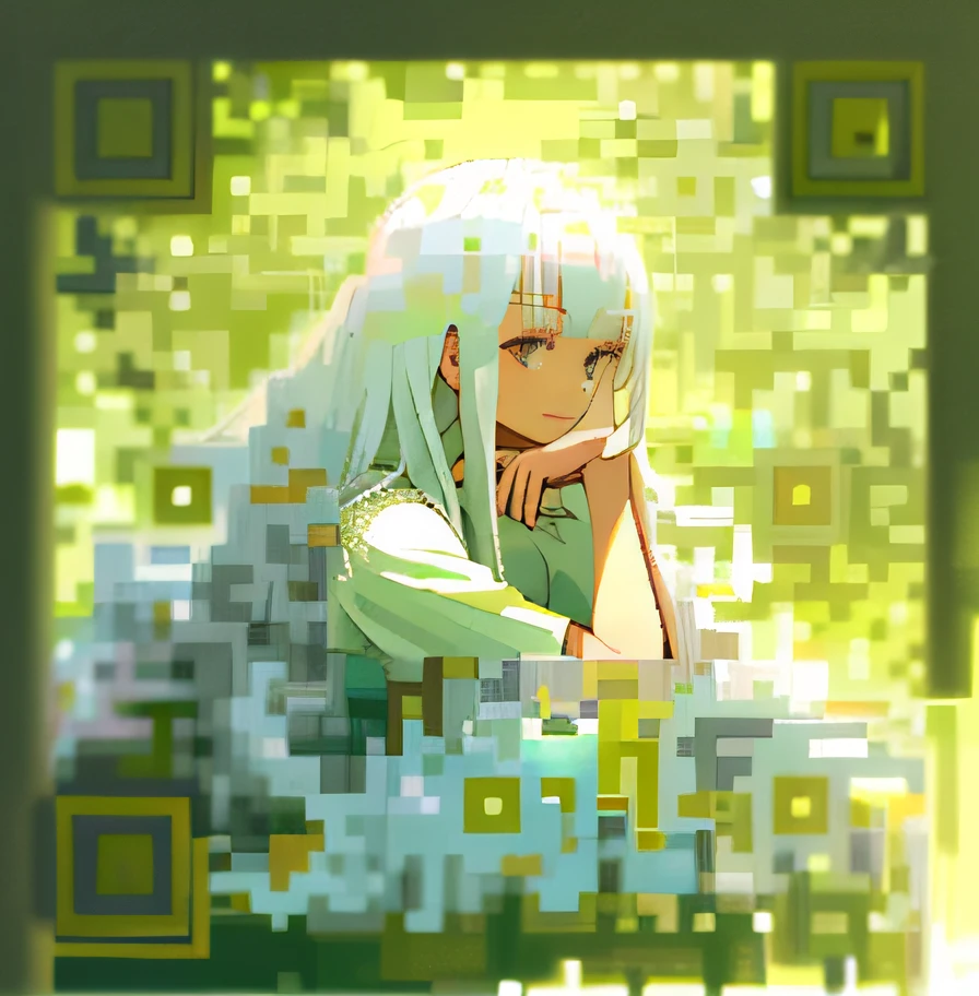 (masterpiece, best quality),1girl with long white hair sitting in a field of green plants and flowers, her hand under her chin, warm lighting, white dress, blurry foreground