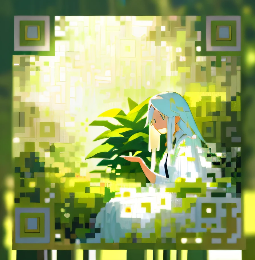 (masterpiece, best quality),1girl with long white hair sitting in a field of green plants and flowers, her hand under her chin, warm lighting, white dress, blurry foreground