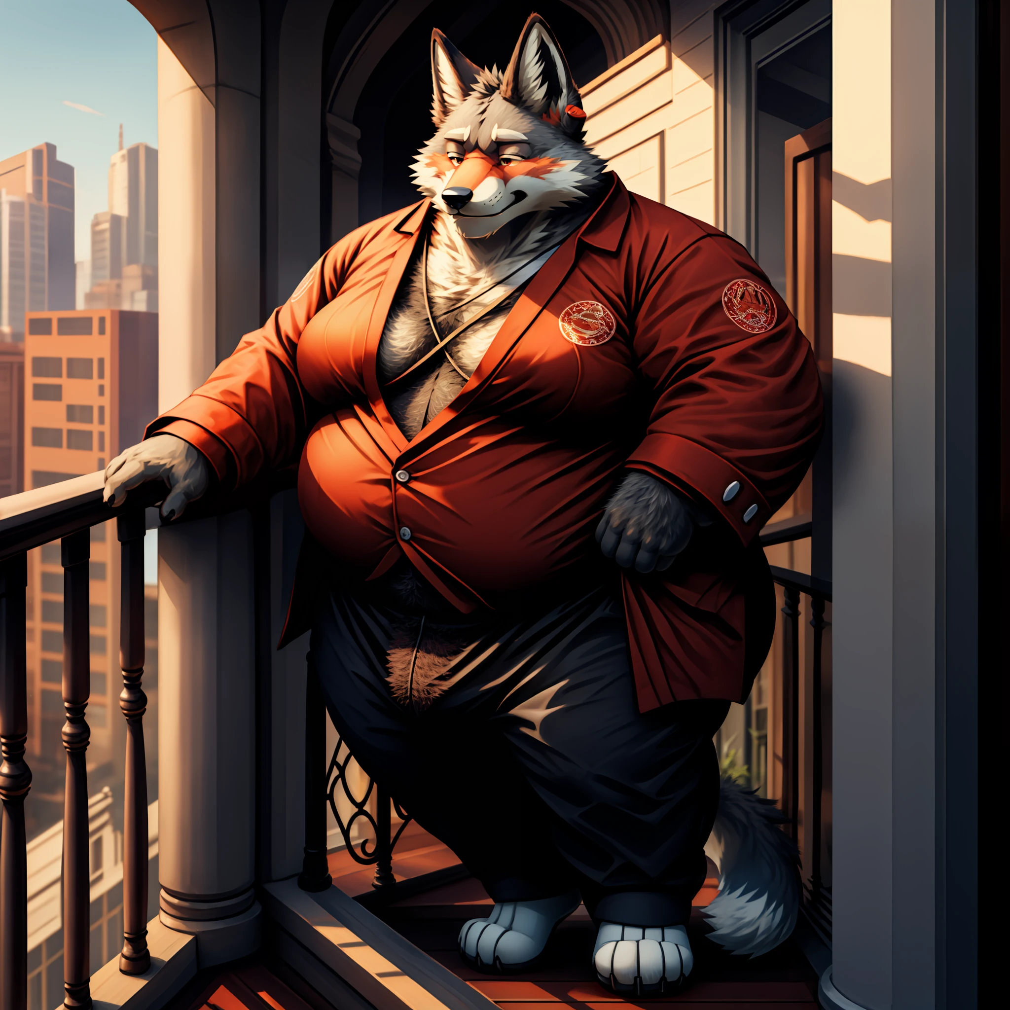 tmasterpiece，Raised sexy，The best quality，ultra - detailed，+hairy pubic，Anthropomorphic fox male，Fox in black，There are a little red details on the ears and paws，grey fur，slightly fat big breasts，Strong，Handsome，molasses，Tired，perspired，Full body suit，Balcony setting。