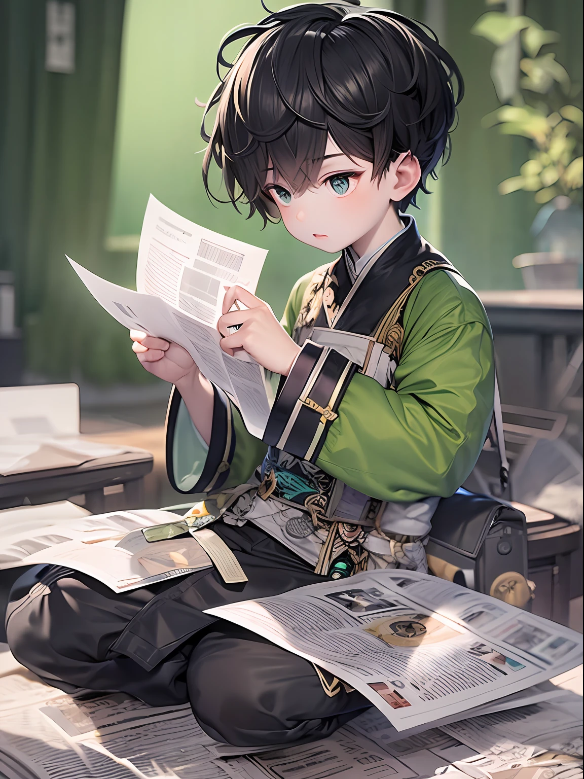 a boy, cute, hold a paper, wearing chinese clothes, black short hair, green background, black hair, masterpiece, ccurate, anatomically correct, best quality, high details, highres, HD