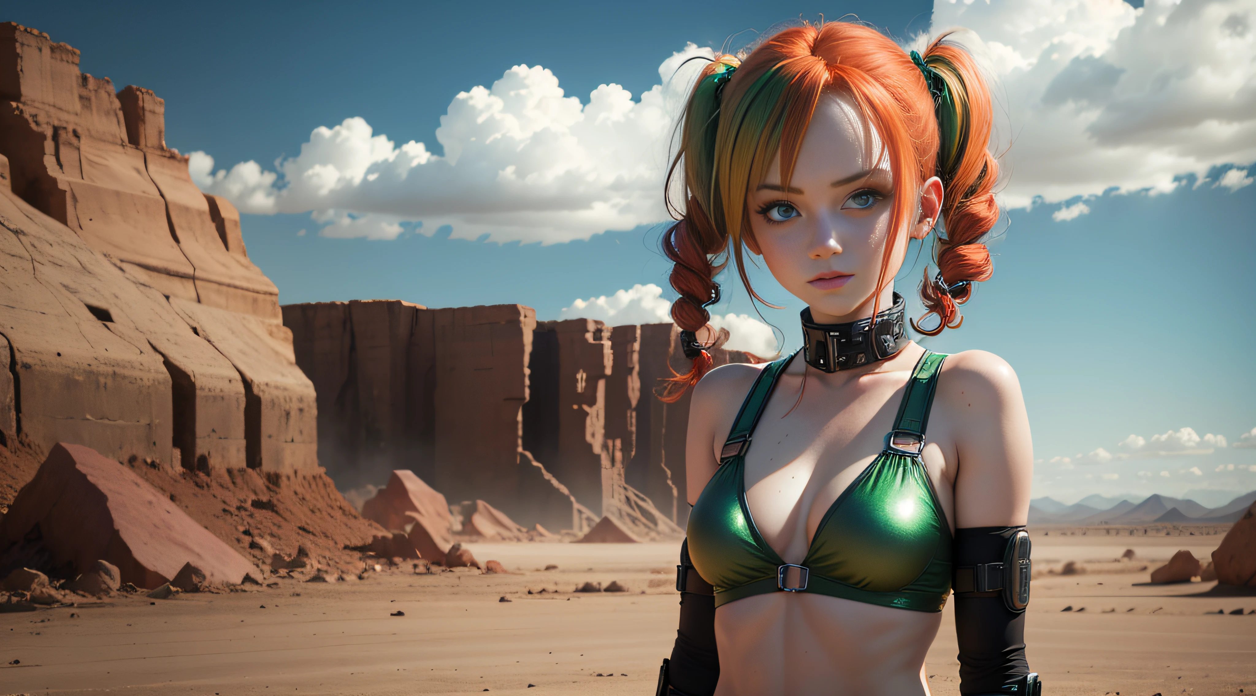 cute redhead woman in twin tails, multiple rainbow colored hair, sky-blue eyes, happy, Ukrainian, petite, pale skin, wearing a green metallic color bikini, post apocalyptic background, bleak barren desert, photo realistic woman. --auto