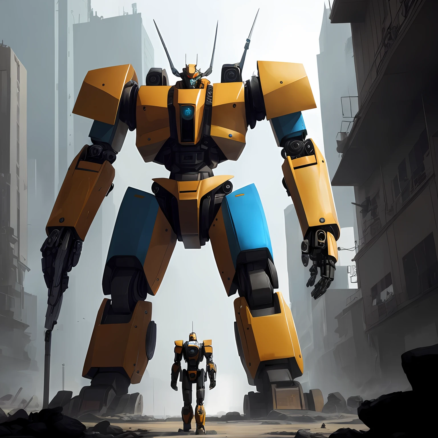 there is a robot that is standing in front of a building, Alexander Ferra Mecha, painterly humanoid mecha, giant mecha, portrait of a mech, wojtek fus, mecha art, Full body mecha, cool mecha style, octane cgsociety, author:Craig Mullins, author:Jeremy Chang, mega humanoid mech, lottalewdsLargeMecha --auto